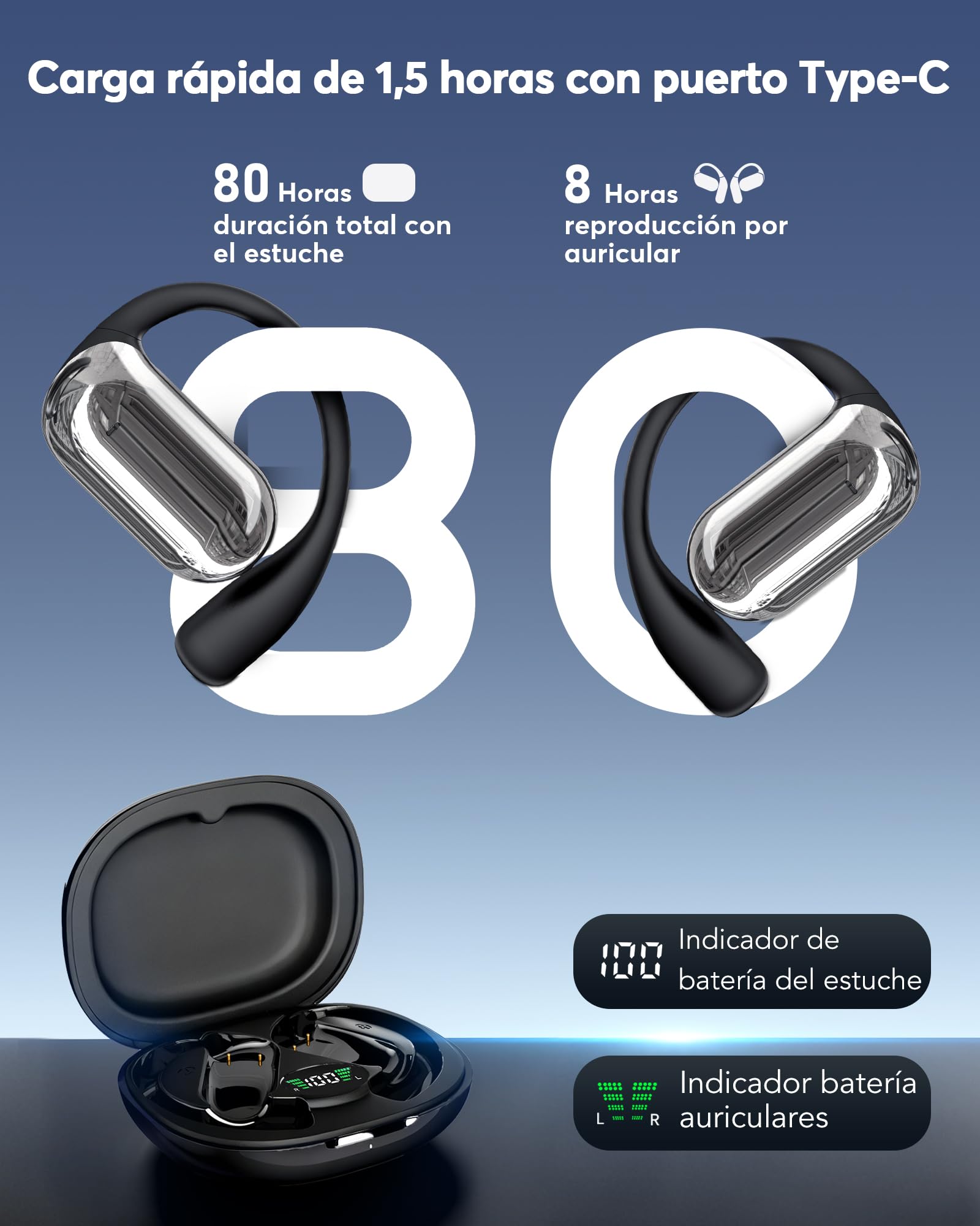Auriculares Traductor en Tiempo Real con IA, traductor instantaneo de voz en 199 Idiomas, Auriculares Traductores Abiertos con Pantalla Táctil LED, Bluetooth 6.1, 80H batería, IPX7, viajes y reuniones