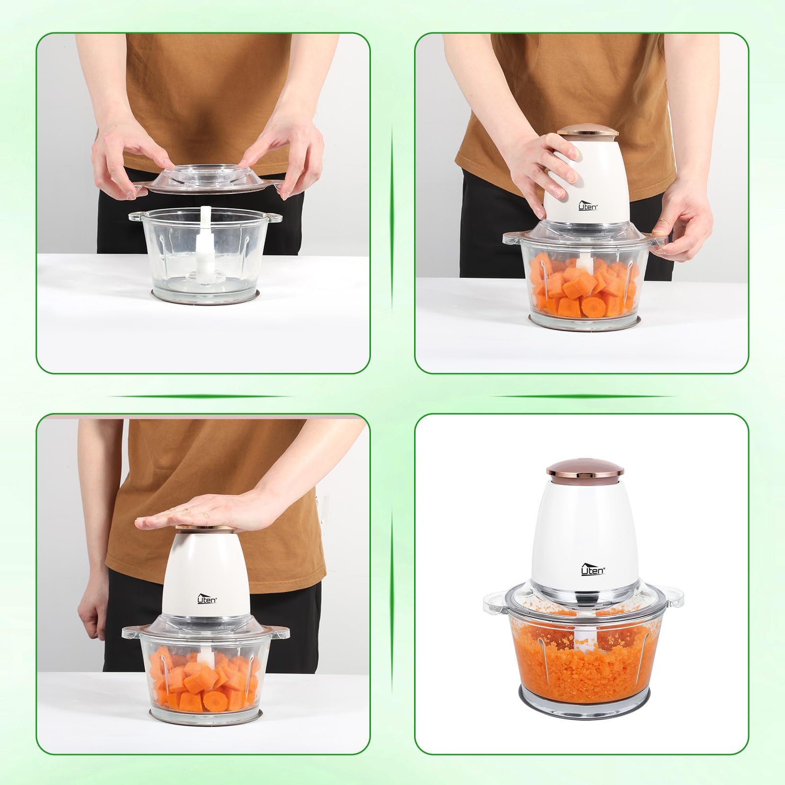 Picadora Eléctrica de Alimetos 400W, Uten 1500ML Picadora Eléctrica de Alimetos, Picadora Batidora Cocina 4 Cuchillas, Picadora de Carne Verduras y Frutas