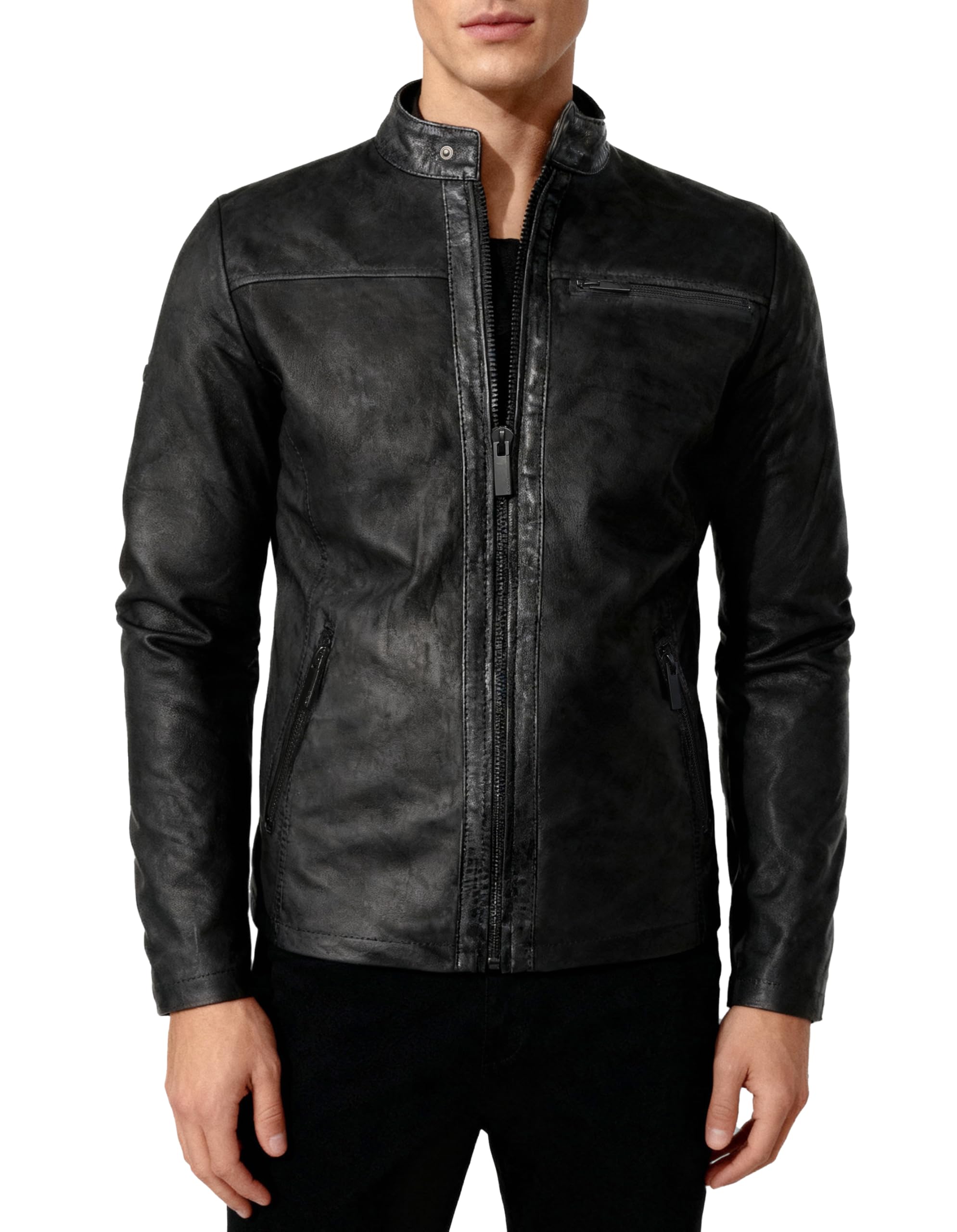 Crone Epic Herren Lederjacke Cleane Basic Leder Jacke in vielen Varianten und Farben (DE/NL/SE/PL, Alphanumerisch, L, Regular, Regular, Buffed Black (Nubukleder))