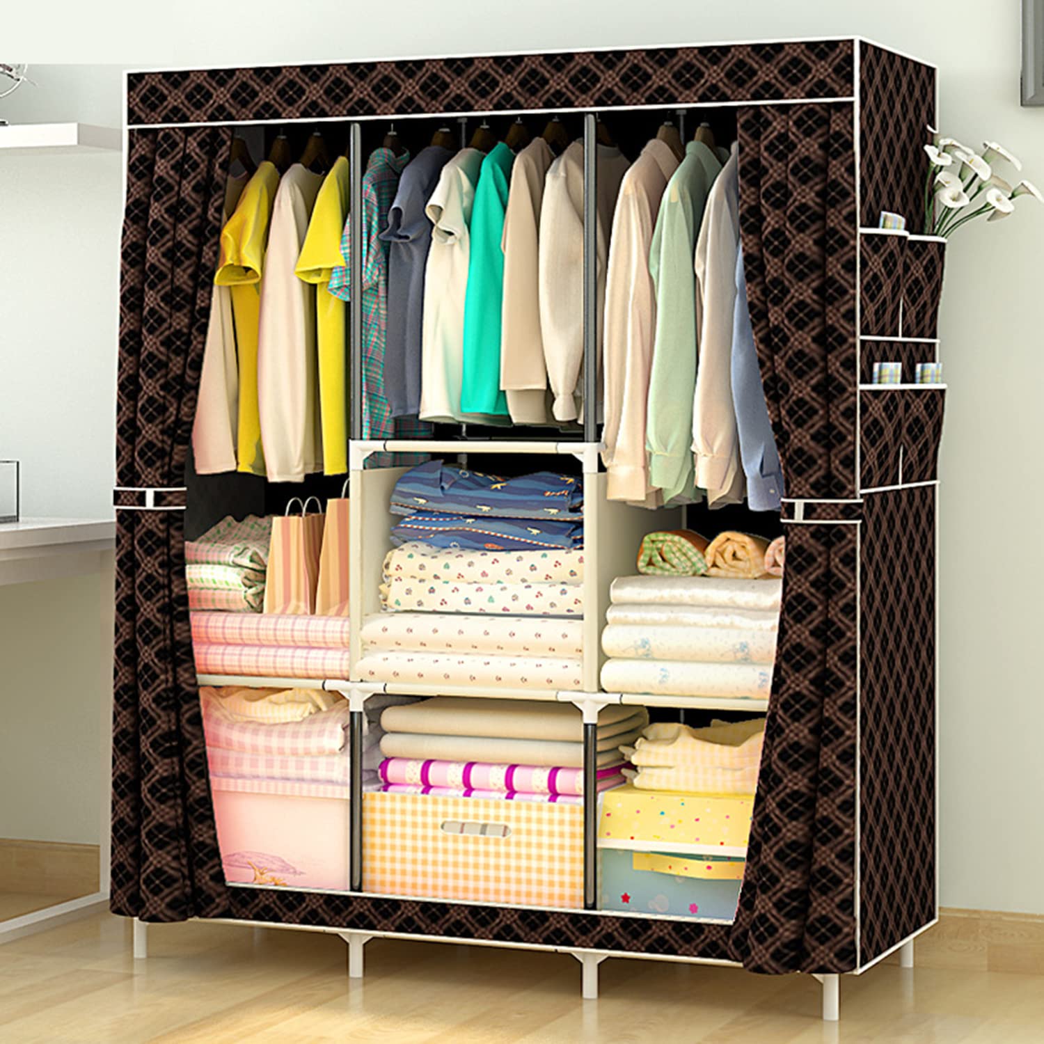 Portable Fabric Wardrobe with Side Pockets, Clothes Storage Closet with Hanging Rail, Combination Wardrobe, Steel Pipe Thickened Reinforced Storage Cabinet, Clothes Rack, 106 * 45 * 158cm, Black Gold
