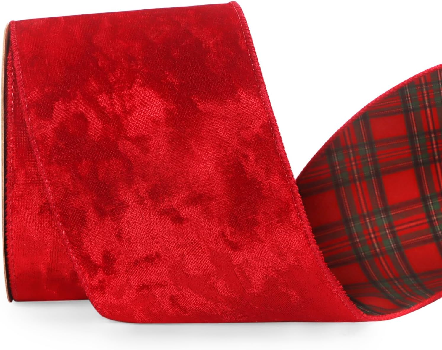 Ribbli Red Crushed Velvet Wired Ribbon with Red Green Tartan Reversible 4 Inch Christmas Ribbon for Gift Wrapping Christmas Tree Decoration Crafts Wreaths Supplies-10 Yards