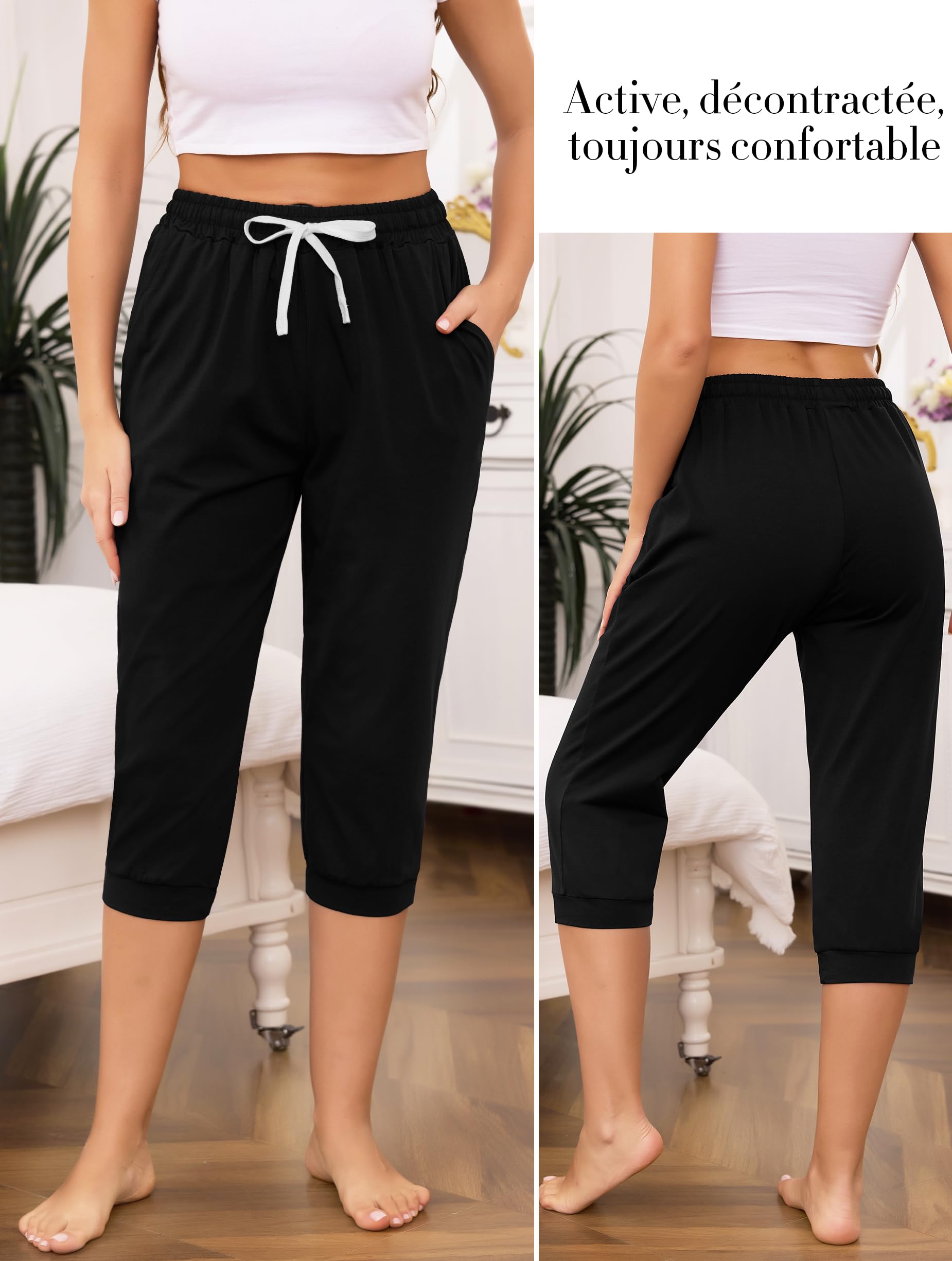 Vlazom Pantalone Pigiama Donna 7/8 Cotone Elastico con Cordino Bianco Regolabile e Tasche