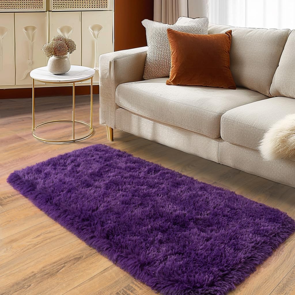Soft Runner Rugs for Bedroom Hallways, 2x4 Purple Fluffy Shag Throw Area Rug Non Slip for Bedside Dorm, Long Shaggy Furry Carpet for Nursery Living Room