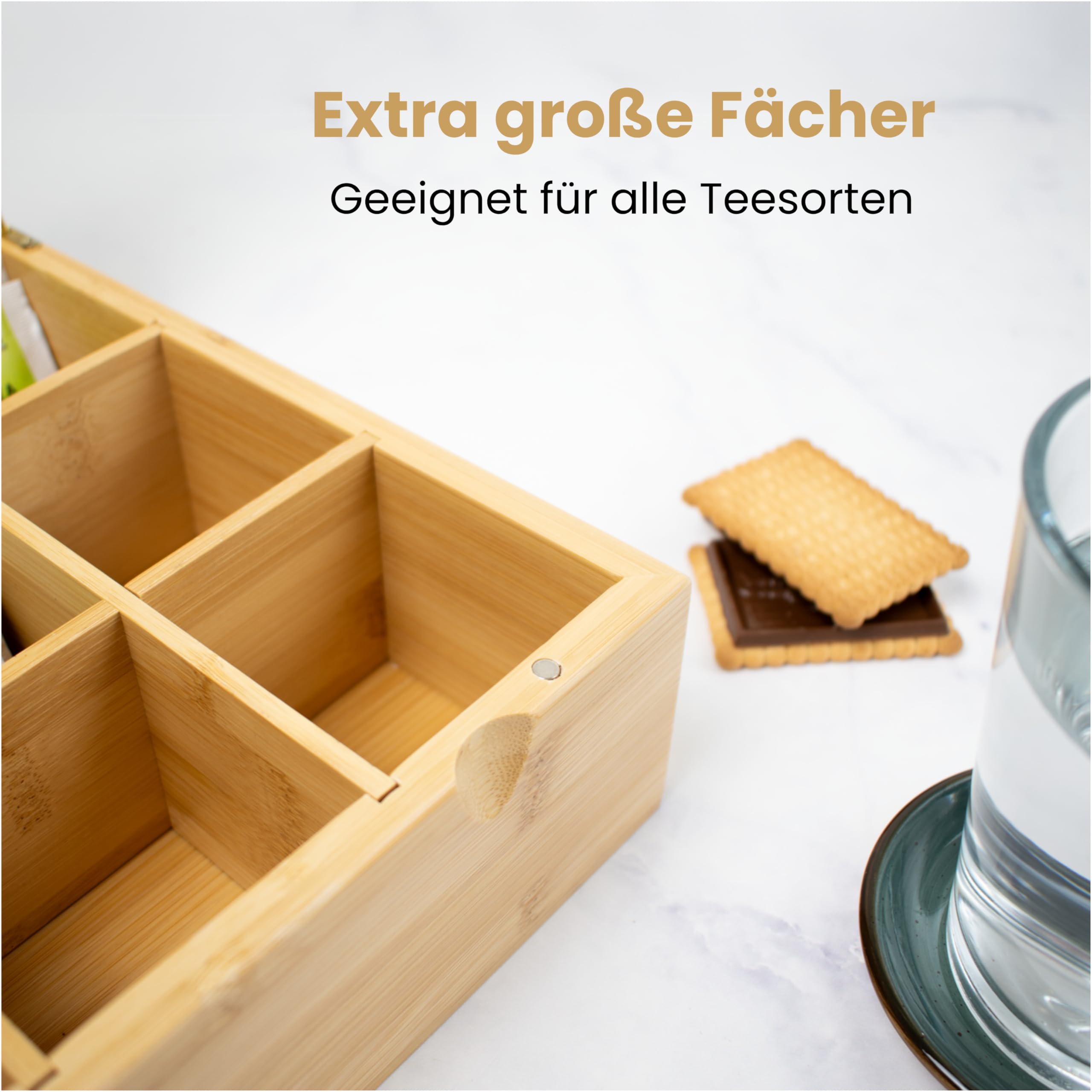 NIMMA Teeboxen – Teebox aus Holz mit Magnetverschluss – Geeignet für Pickwick, Lipton und mehr – Extra große Fächer für Teebeutel und losen Tee (1, Braun, 12 Fächer)