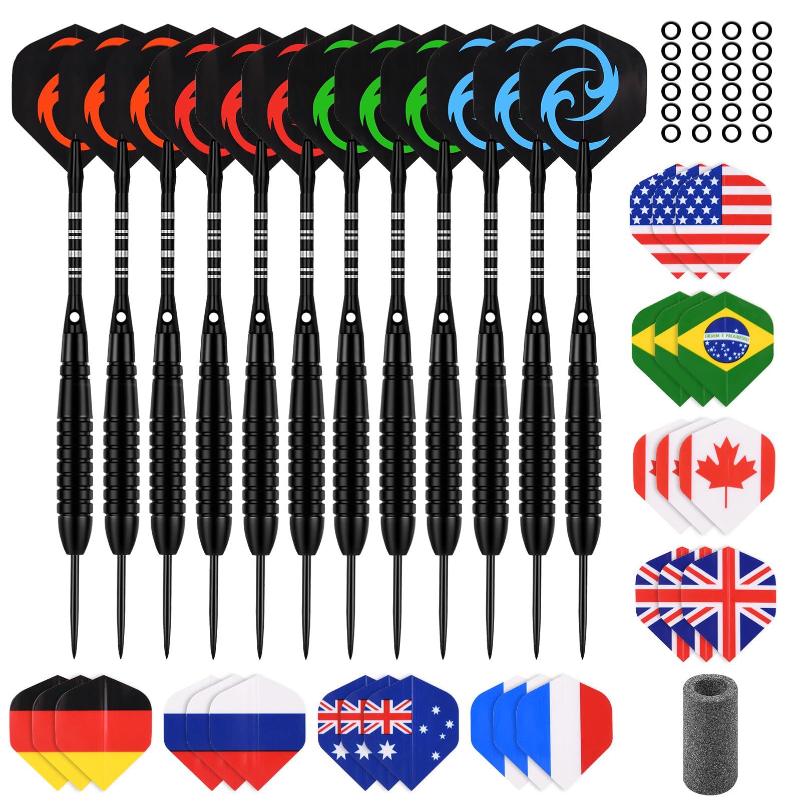 flintronic 12 Pack Steel Darts Set, 23g Professional Steel Darts with Black Non-slip Stainless Steel Shaft, 36 Flights, 24 Anti-Loose Rubber Rings, Dart Sharpener, for Beginner or Professional Darts