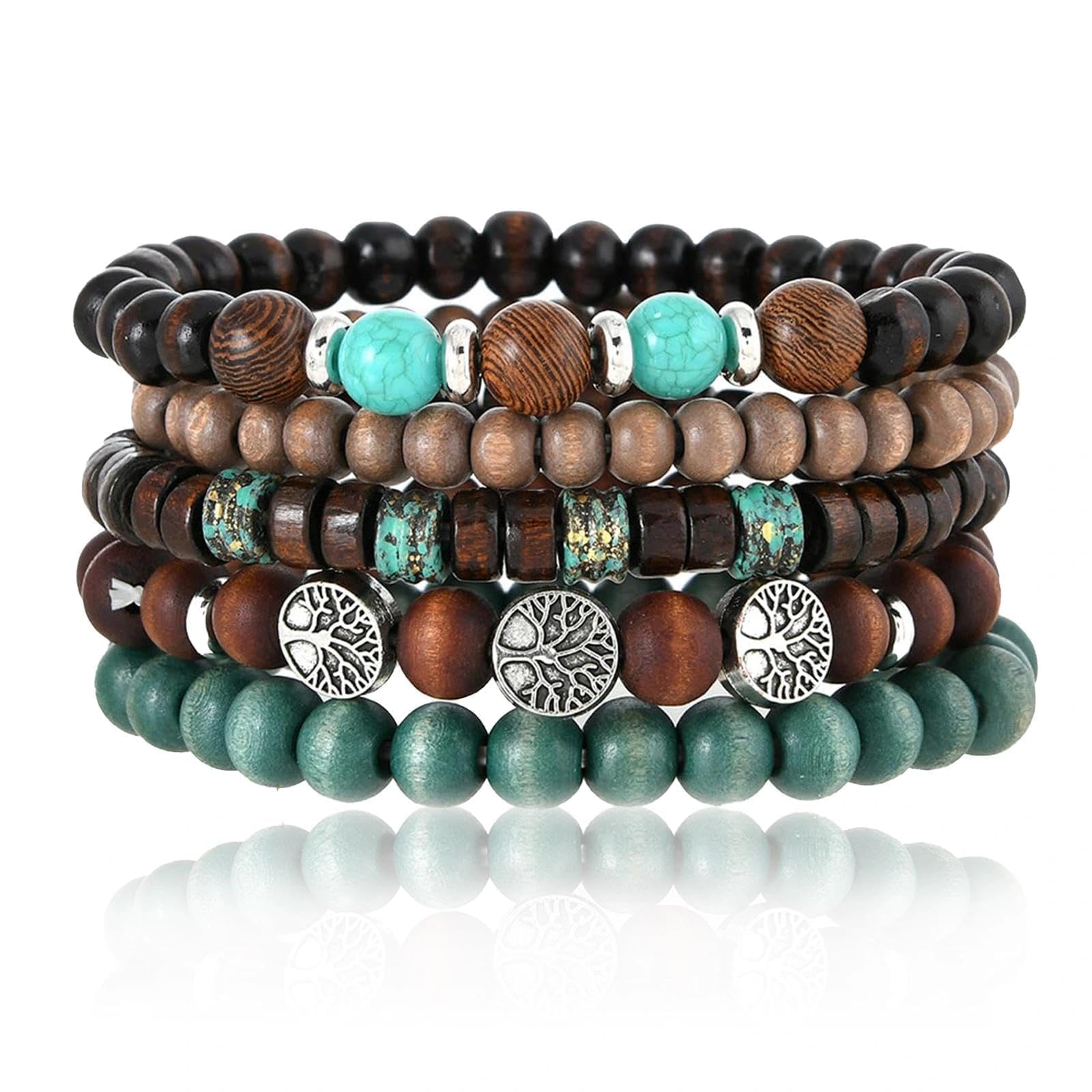 JOOTUEPO 5uds Pulseras de chakra para mujer, Pulseras de Cuentas Mujer, Multicapa Pulsera Árbol de la Vida Apilables Hechas a Mano Madera Aleación Bracelet, Elásticas Cuentas Regalos Joyería para