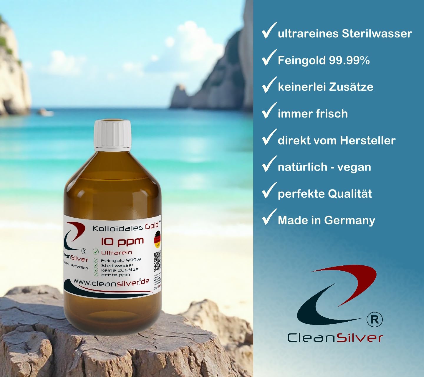 CleanSilver - Kolloidales Gold 10 ppm - 500ml - Ultrarein: Sterilwasser und Feingold 99,99% - Made in Germany - stets frisch, keine Lagerware!