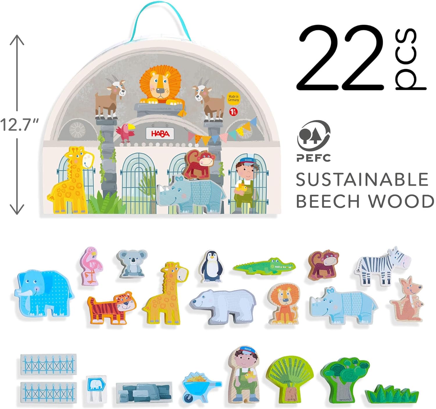 Läbiview of all 22 pieces and the playset case with dimensions