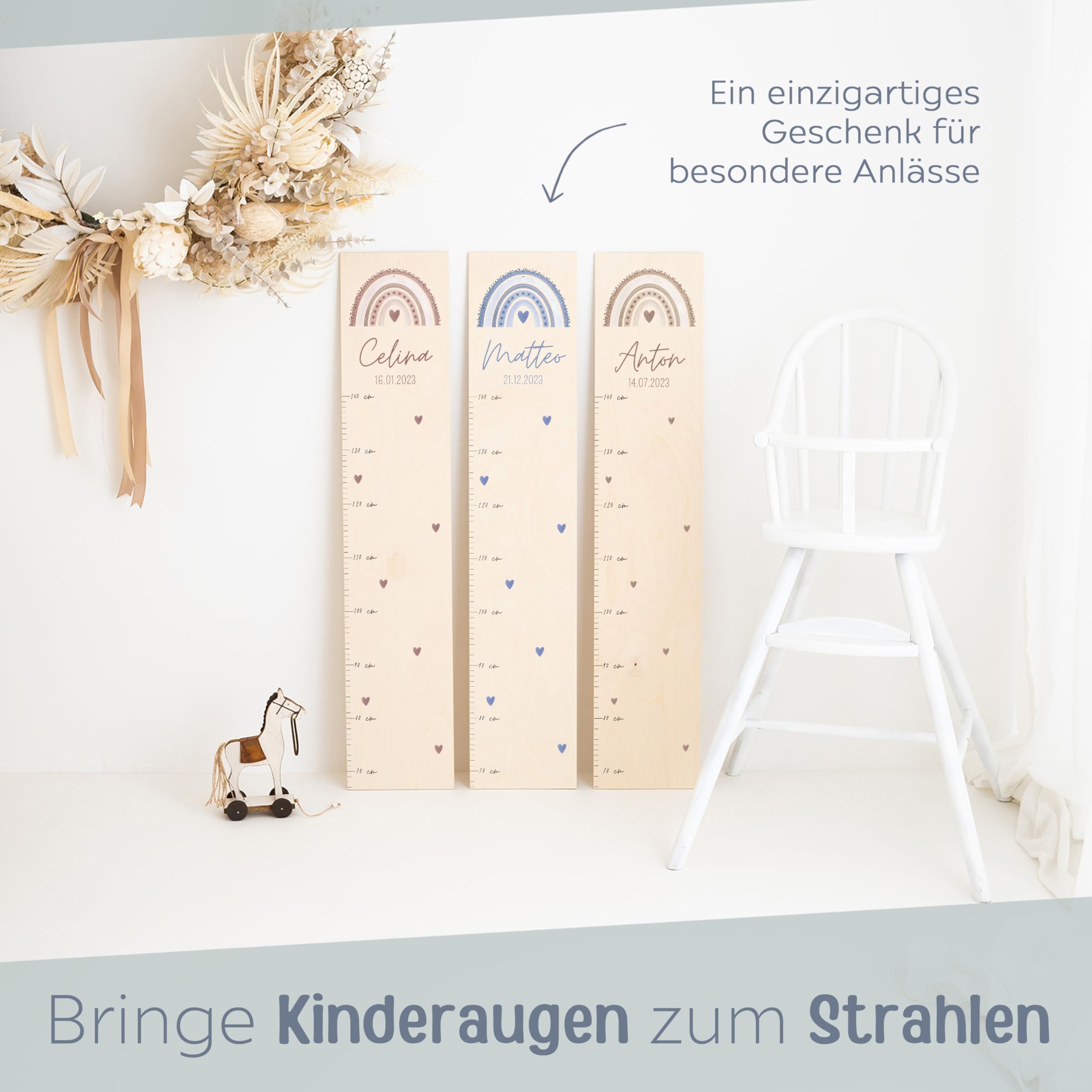 wunderwunsch® - Personalisierte Messlatte Kind Holz zum Kleben oder Aufhängen - Skala 70-140cm - Süße Dekoration für Baby- & Kleinkinderzimmer (rosa)