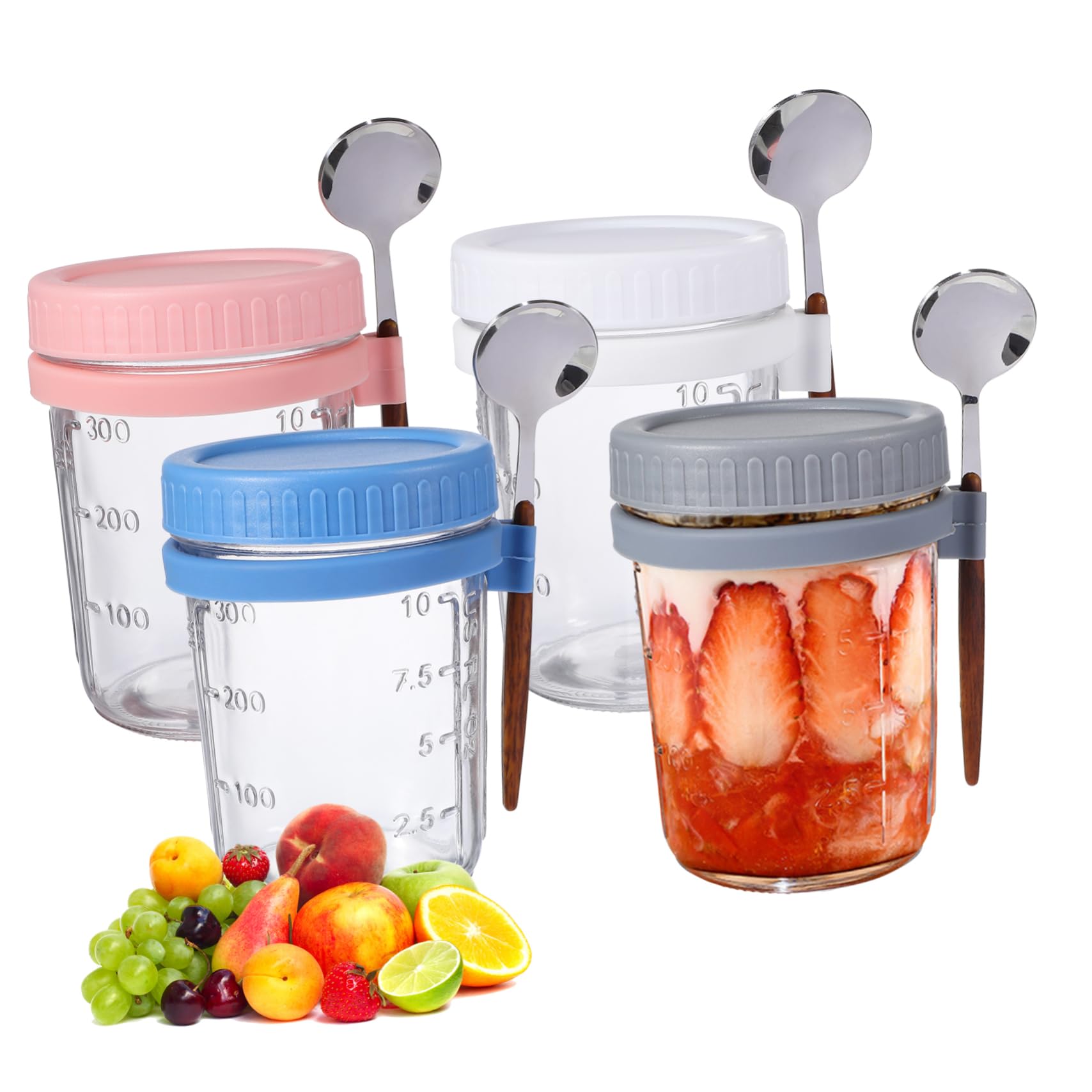 SOIMISS Tarros Mason de Cristal 400ml con Tapa y Cuchara, 4 Piezas | Cierre Antifugas, Silicona, Aptos para Oficina y Cocina, Envases para Avena Nocturna y Postres