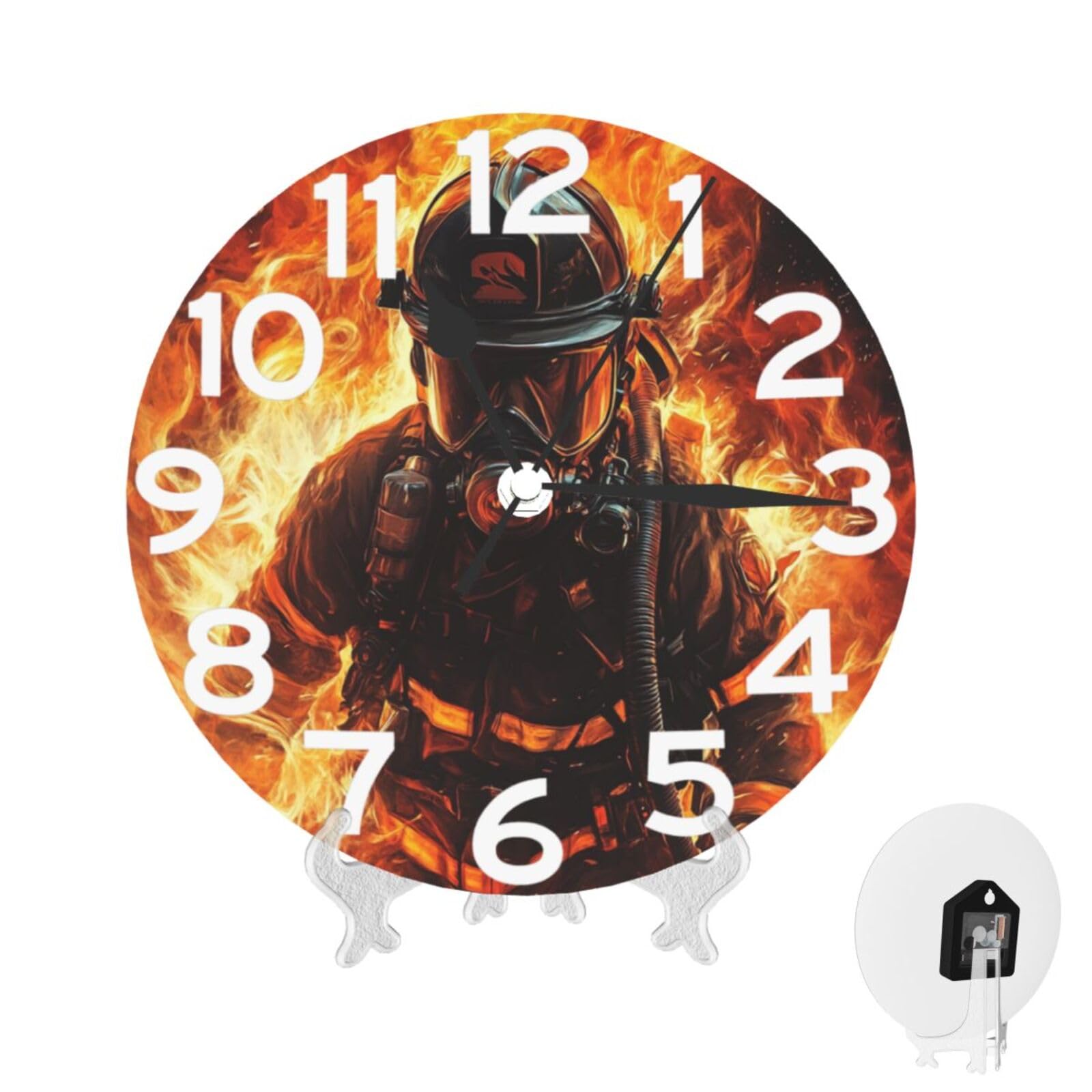 Wall Clock 10 Inch Non-Ticking Silent Modern Simple Style Round Decor Clocks Firefighter Fireman Flame Clock Decorative Battery Operated Wall Clocks for Home Office Living Room Bedroom Kitchen