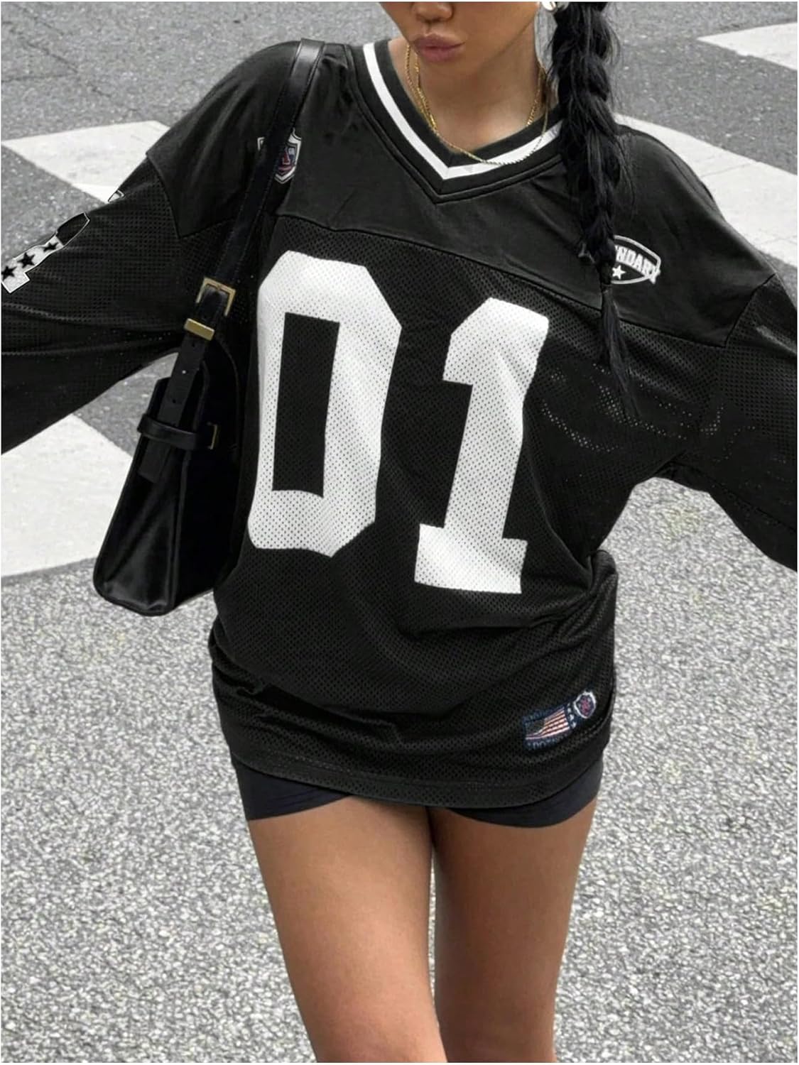 Women's Jersey Shirts Y2k Oversized T Shirt Number Letter Graphic Long Sleeve V Neck Sports Tee - Image 3
