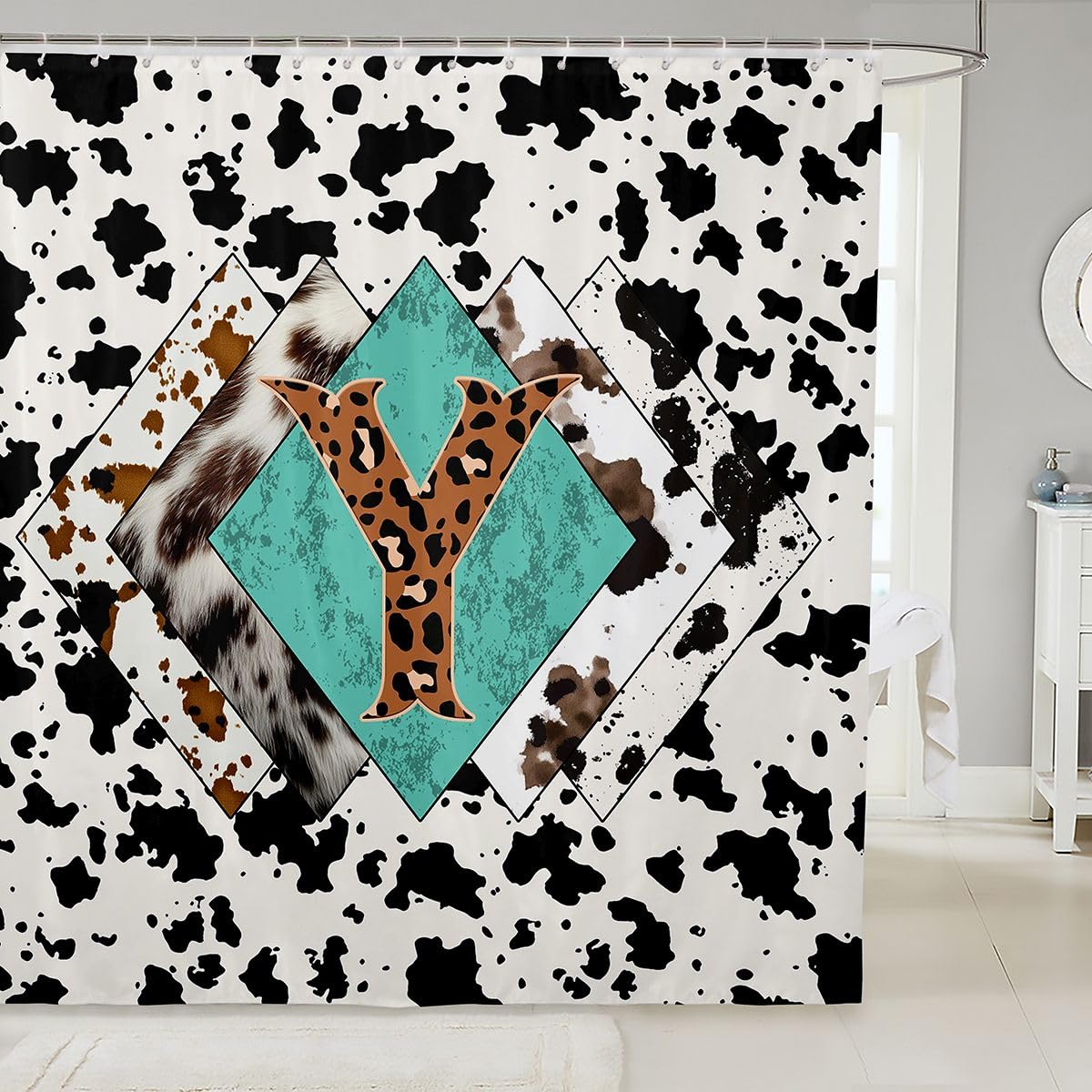 Rideau de douche lettre Y taille L léopard monogramme alphabet imprimé cuir de vache rideau de bain pour adultes design rustique rétro rideaux de bain imperméables avec 12 crochets pour baignoire