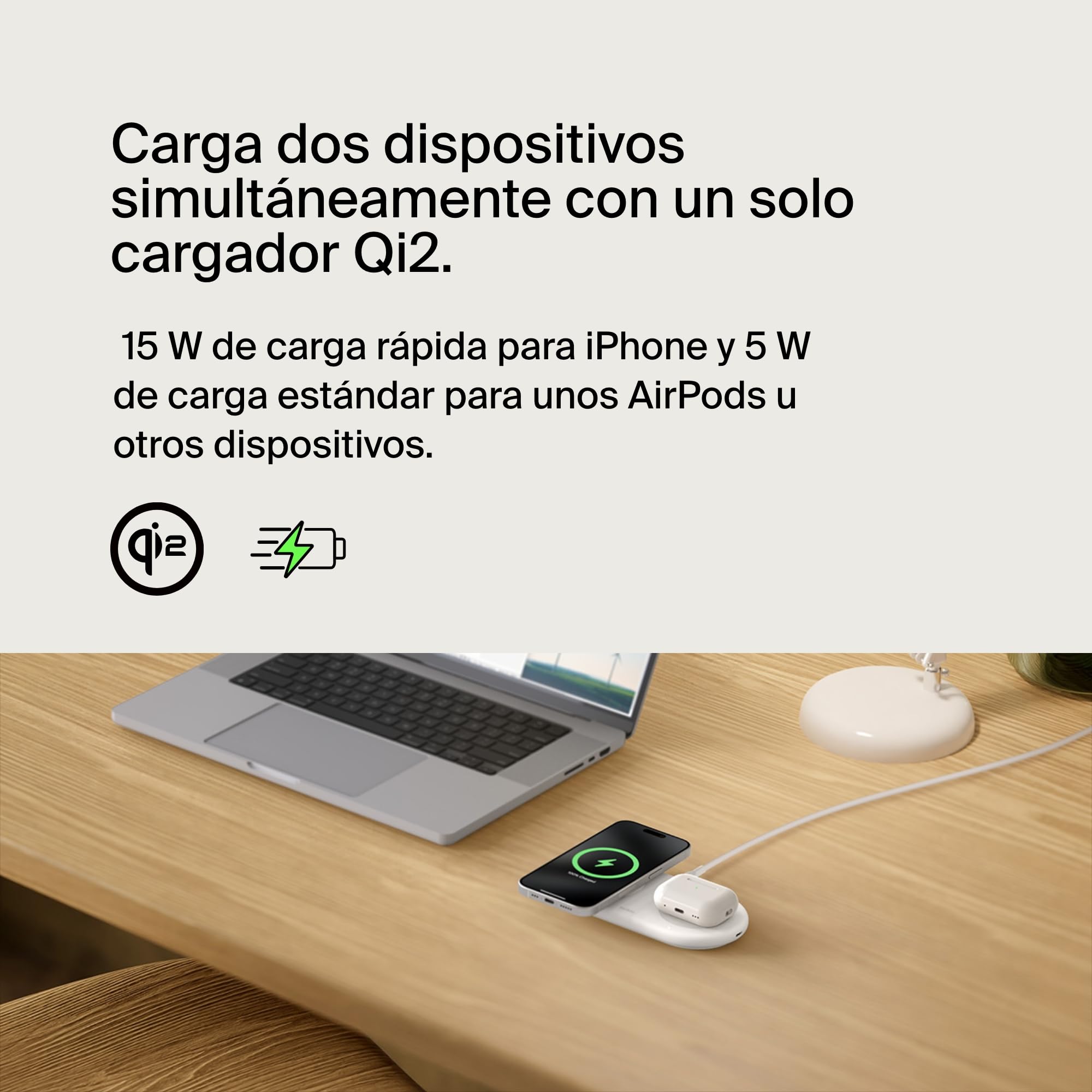 Belkin BoostCharge Pro Cargador Inalámbrico 2 en 1 con tecnología Magnética Qi2, 15W, Estacion de Carga Rápida Inalámbrica Compatible con Magsafe para iPhone 17, Air, Pixelsnap, AirPods - Blanco