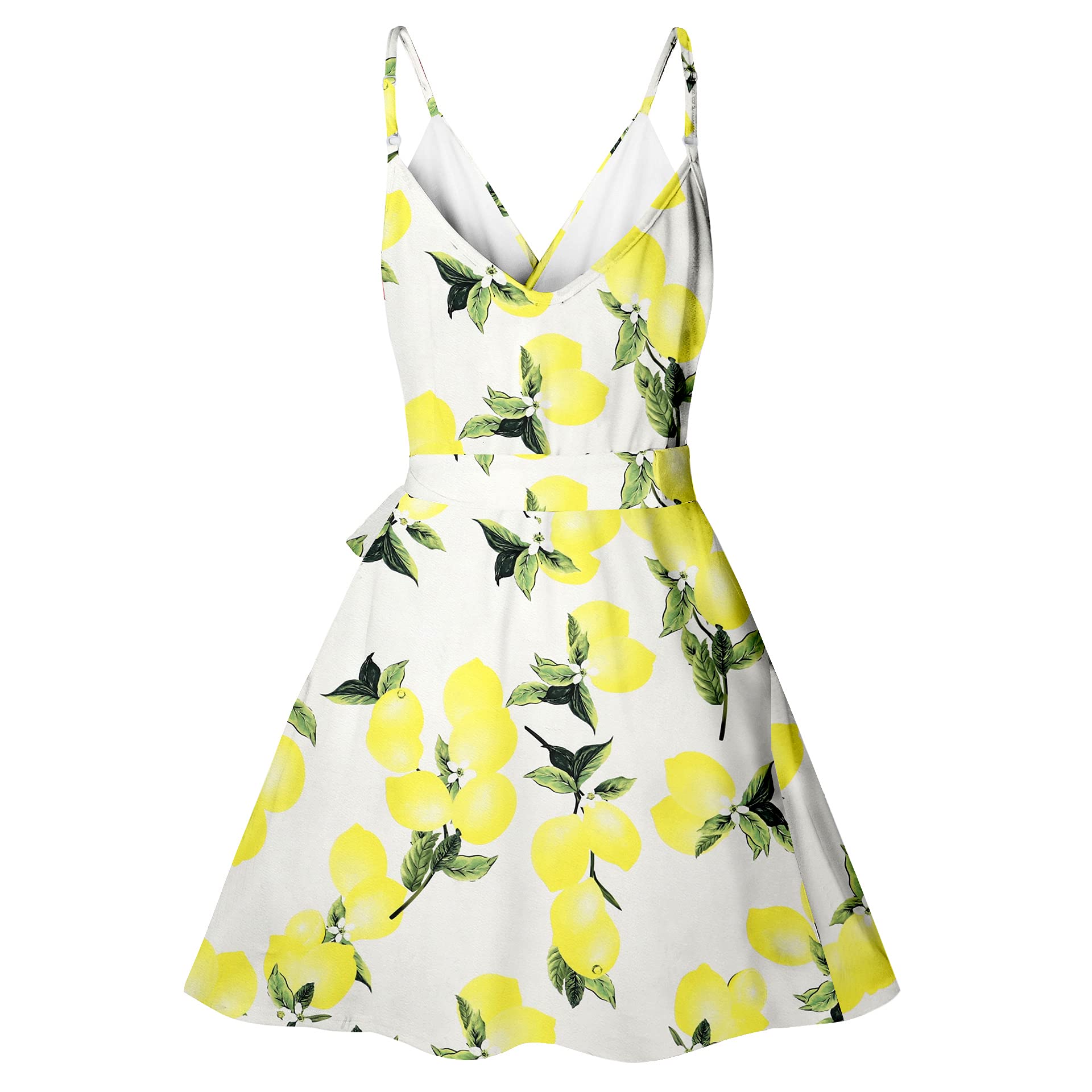 CASURESS Women Dress Summer V Neck Mini Floral Print Swing Dress Sleeveless Spaghetti Strap Skater Dresses with Belt