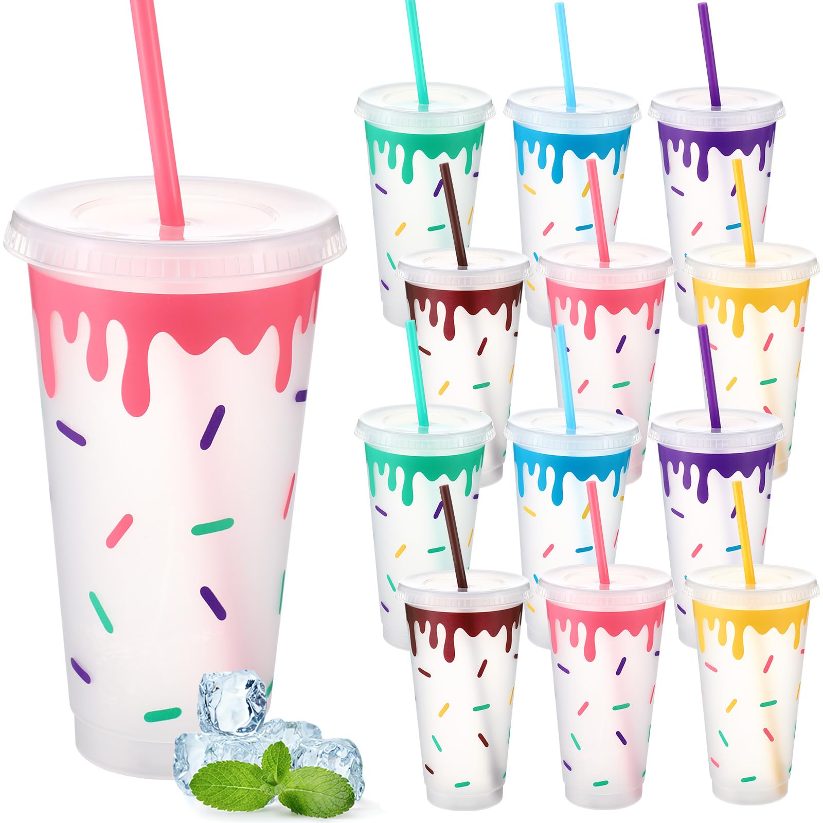 Potchen 12 Donut Cups with Straw Lid 24oz Ice Cream Spill Cup with Sprinkles Reusable Plastic Tumblers for Donut Lovers Donut Grow up Birthday Party Baby Shower Summer Holiday, 6 Designs
