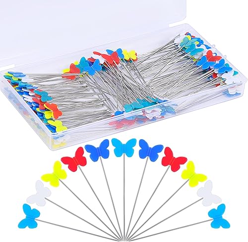 Miniatura 1 de 200 alfileres rectos, alfileres largos y rectos multicolor, alfileres de costura de cabeza plana con mariposa, alfileres de costura rectos para