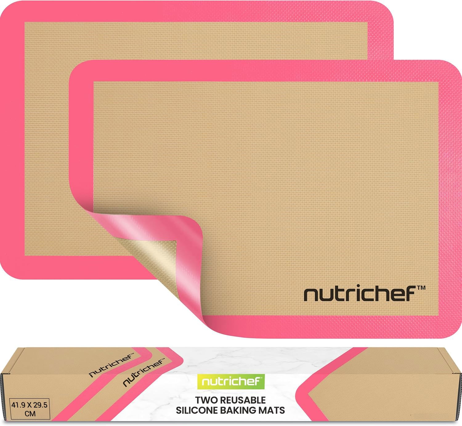 NutriChef Silicone Mat Set – 2 Non-Stick Reusable Oven Liners 42 cm x 29.5 cm, Food-Grade Oven Safe 250°C, Sheets for Pastry, Dough, Cookies & Kitchen Accessories, Pink