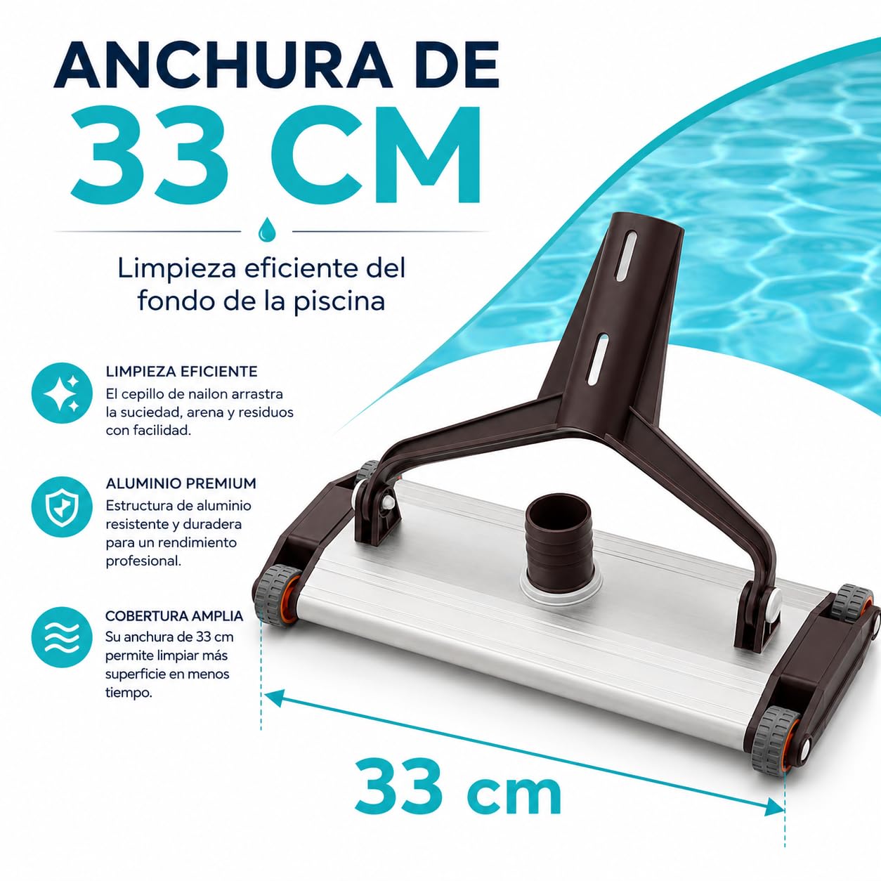 Limpiafondos de Aluminio AQUAPOOL Pro Manual para Piscinas, 33 cm, con 4 Ruedas de Goma y Cepillo de Nylon (33 cm PALOMILLA)