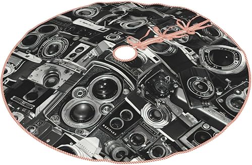 Miniatura 8 de Falda de árbol de Navidad con estampado de cámara retro y fresca, para interiores y exteriores, suministros de decoración de fiesta de Navidad