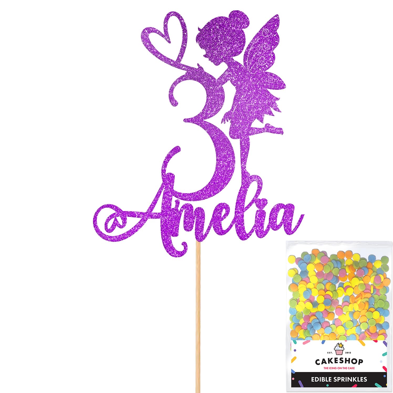 Personalised Fairy Gltter Cake Topper- Purple Any Custom Name & Age Glitter Cake Decoration and Sprinkles - Happy Birthday Decorations - Personalised Toppers for Cakes by Cakeshop — image 1