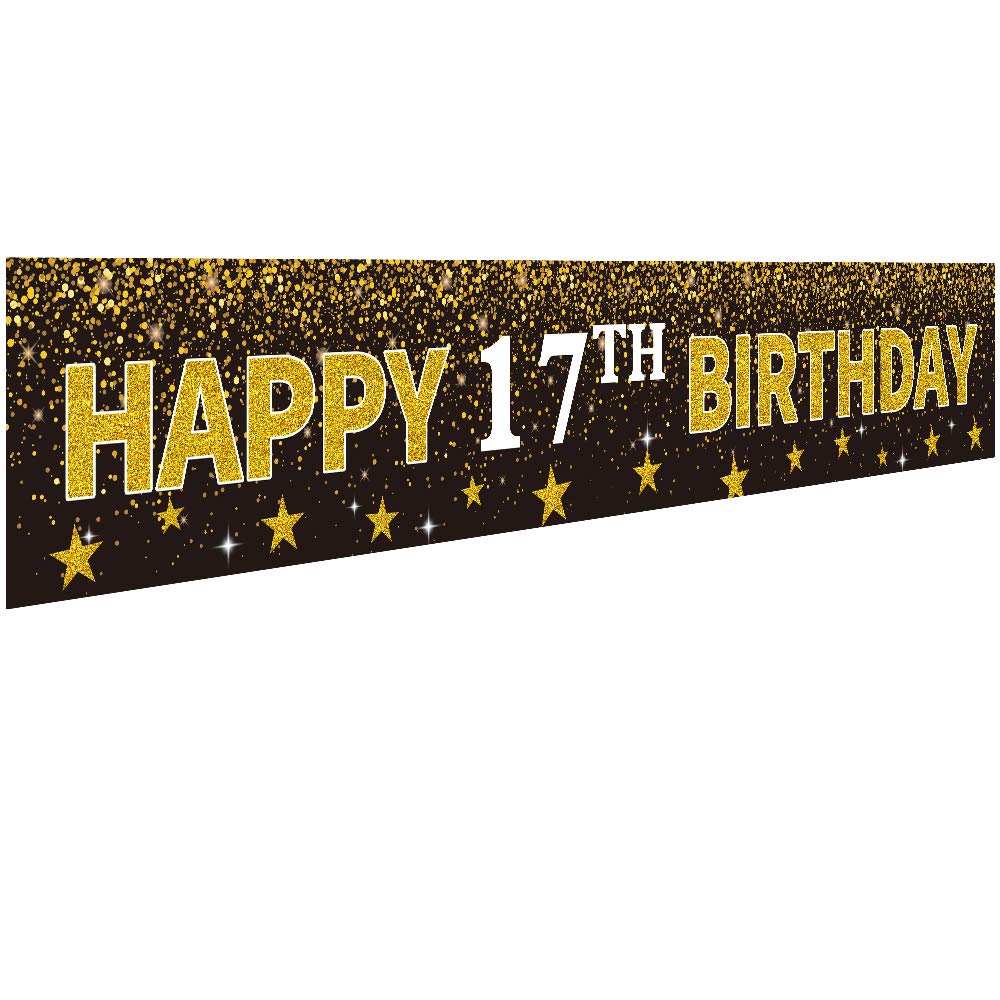 Ushinemi Happy 17th Birthday Banner Party Decorations, 17 Years Old Birthday Backdrop, Cheer to 17th Year Anniversary Large Signs, 9.8X1.6Ft, Gold and