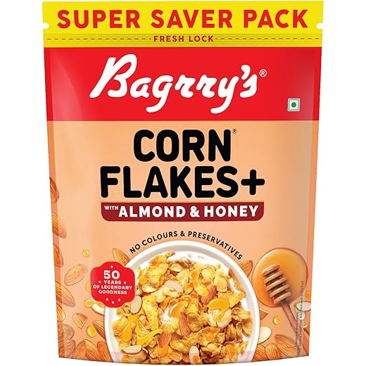 Bagrry's Corn Flakes Plus 750g- Almond and Honey | With Added Fibre | California Almonds, Raw Honey, Golden Corn, Wheat Fibre| High Fibre Breakfast Cereal| Naturally Cholesterol Free Cornflakes
