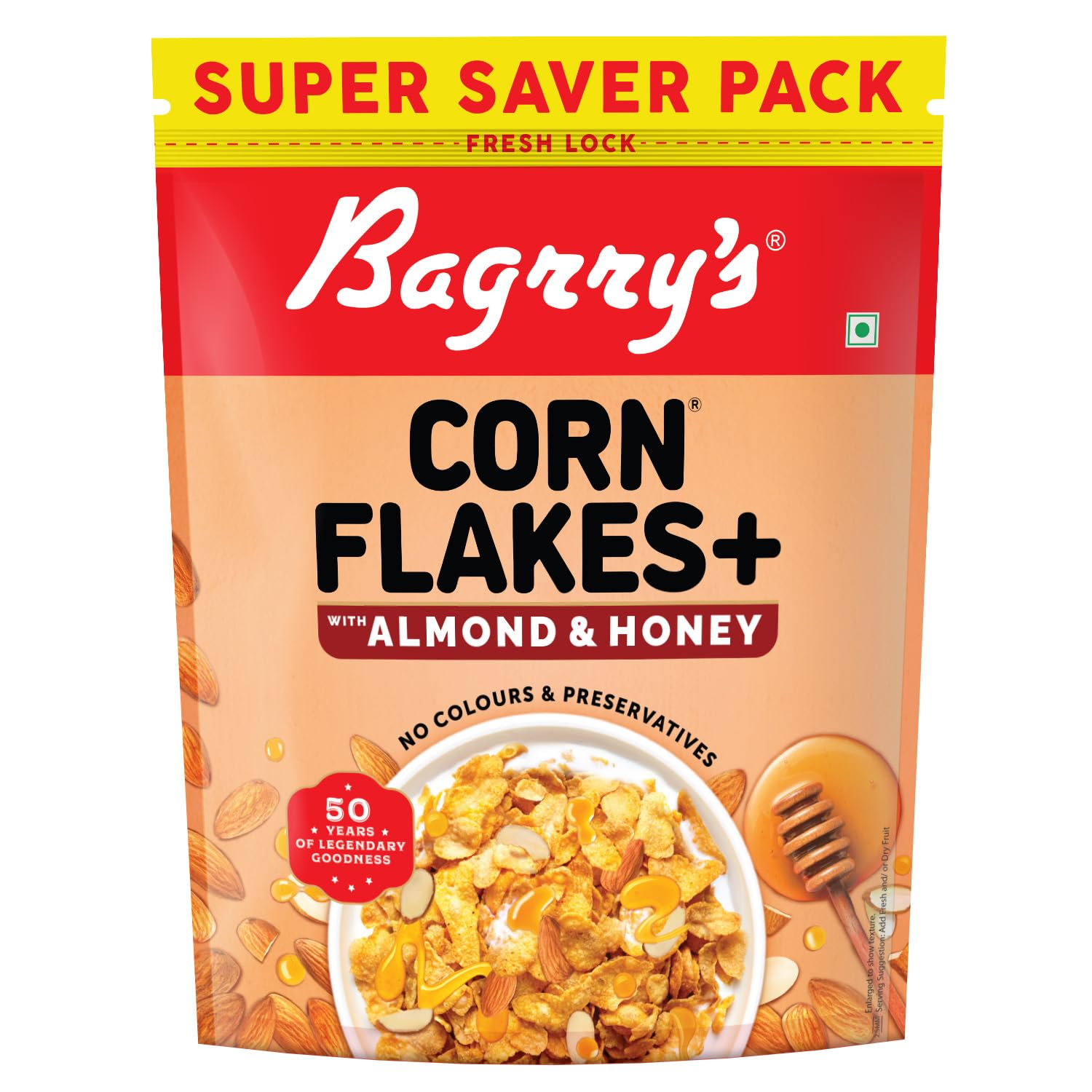 Corn Flakes Plus 750g- Almond and Honey | With Added Fibre | California Almonds, Raw Honey, Golden Corn, Wheat Fibre| High Fibre Breakfast Cereal| Naturally Cholesterol Free Cornflakes | No Preservatives