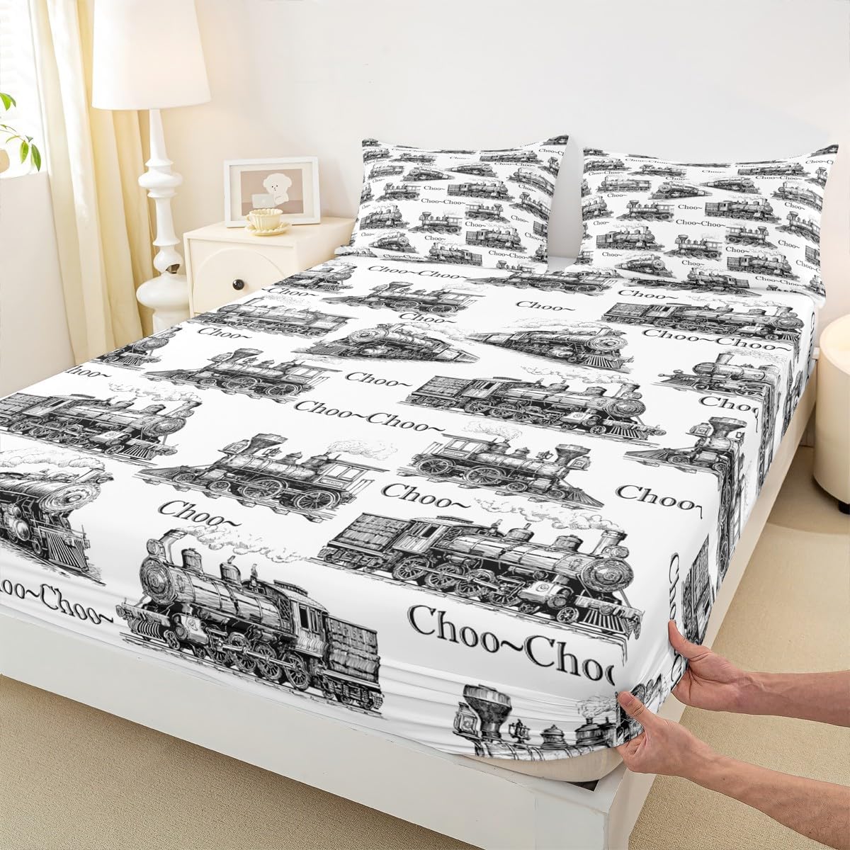 Vintage Fitted Sheet Full Size, Steam Locomotive Bedding Set 3Pcs for Kids Boys Girls Teens Bedroom Decor, Old Train Tracks Quilt Set Sketch Black White Deep Pocket Sheet, 2 Pillowcases