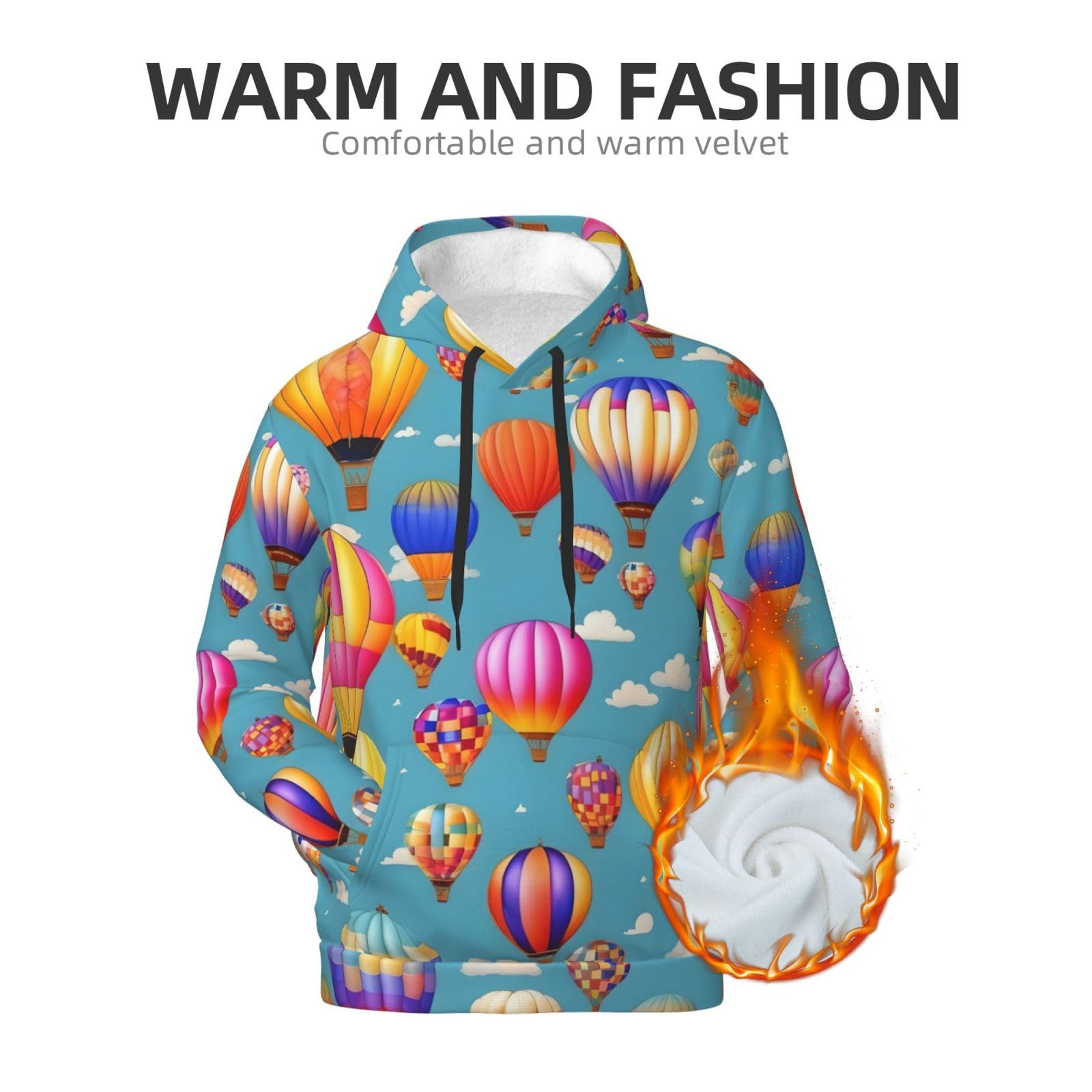 Męska bluza z kapturem z kolorowym nadrukiem balonów na gorące powietrze, casualowa grafika z nadrukiem bluzy z kapturem z kieszenią