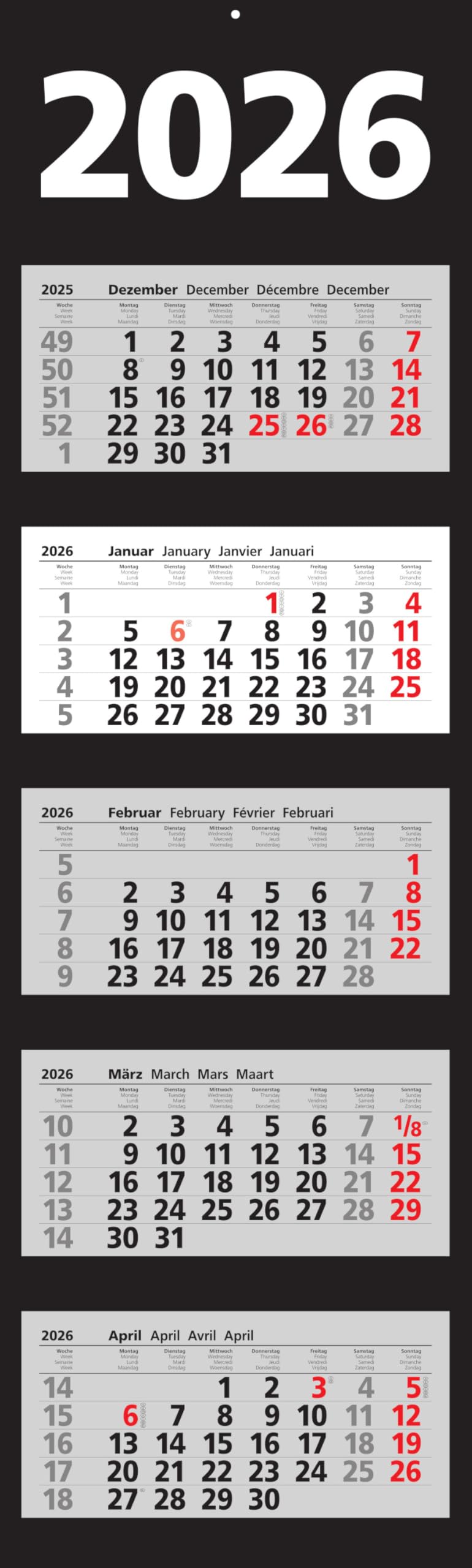 2026 Adina Wandkalender Fünfmonatskalender mit Tagesanzeiger 110x33cm