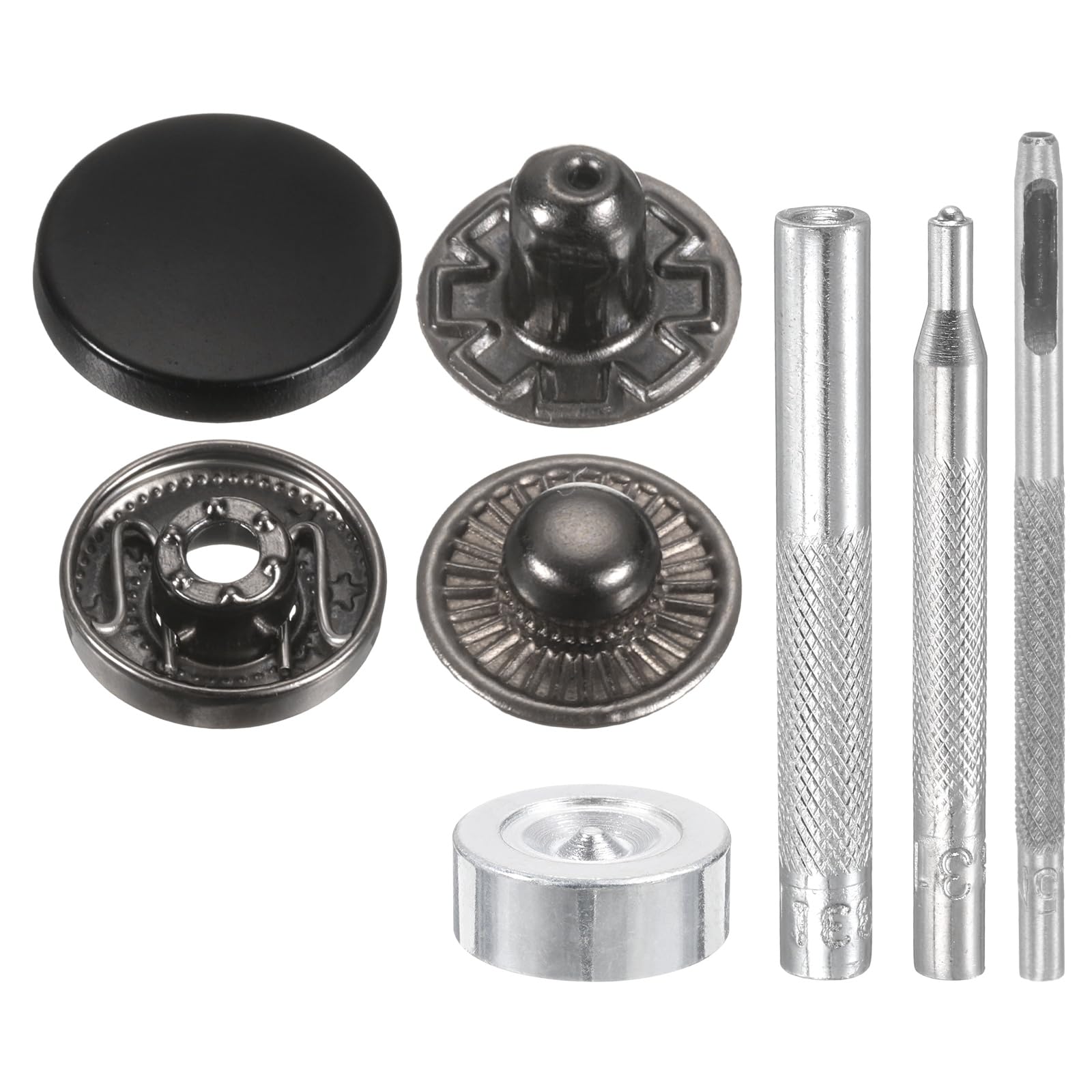 sourcing map 24Set Leather Snaps Fasteners Kit 17mm Dia Brass Press-Stud Cap Button 2.76" Length Metal Snap Buttons with 4 Install Tools for Coat Bag Leather Marine Boat Canvas, Matte Black