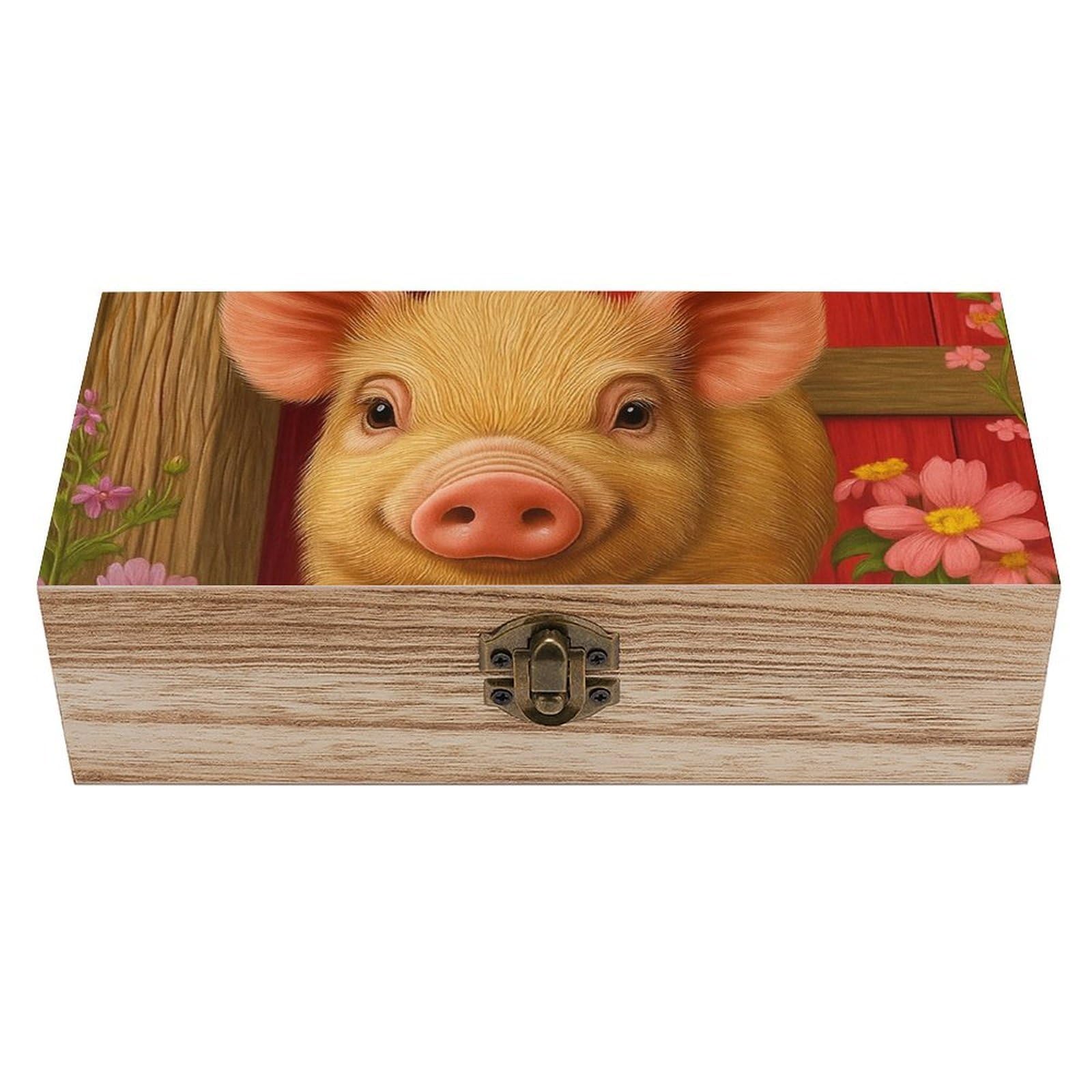 Oudrspo Cute Pig And Flowers Retro Wooden Storage Box Keepsake Jewelry Decorative Art Storages Box Gift Boxs