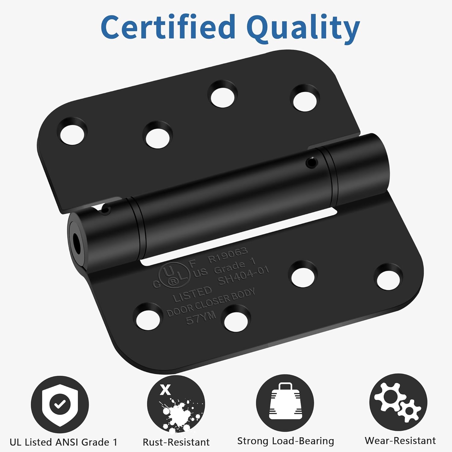 4 Inch Self Closing Door Hinges, 5/8" Radius Corners Spring Loaded Hinges for Exterior, Garage, Front and Back Door, UL Listed, for Left and Right Hand Door, Matte Black, 4 Pack