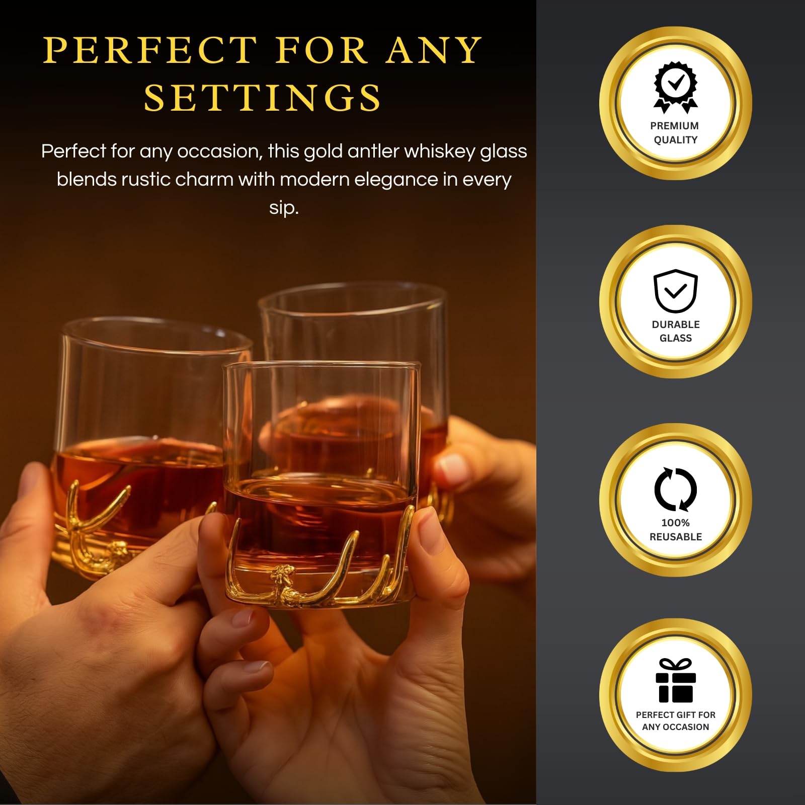 Verre à whisky double en bois doré à l'ancienne, 355,7 g, gobelet DOF avec base décorative, verrerie lourde pour bourbon, cocktails, bar rustique, décoration occidentale, cadeau unique pour lui ou