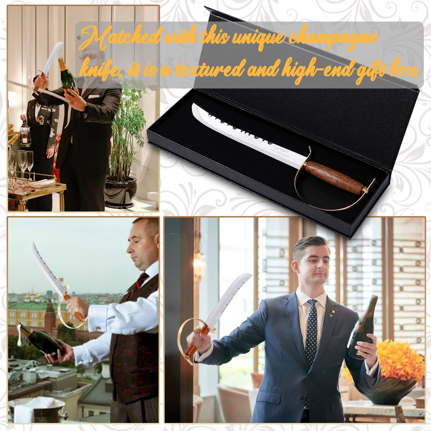 Resafy Champagne Saber Knife Olive Wood Handle Champagne Sword Wine Opener With Gift Case