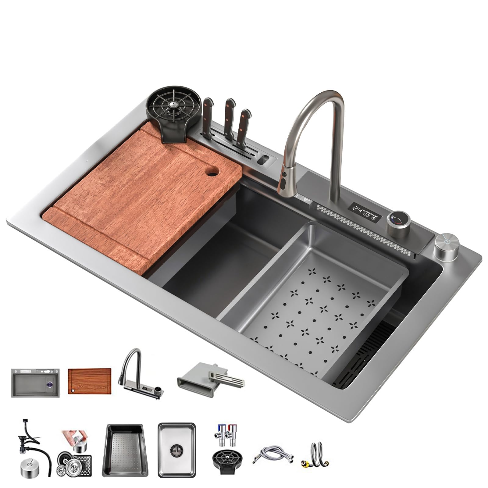 KOOGIMDDR Grigio 1 lavello da cucina con cascata, 75 x 45 cm, rubinetto a cascata a LED, tagliere scorrevole e lavastoviglie ad alta pressione, compatto e multifunzionale