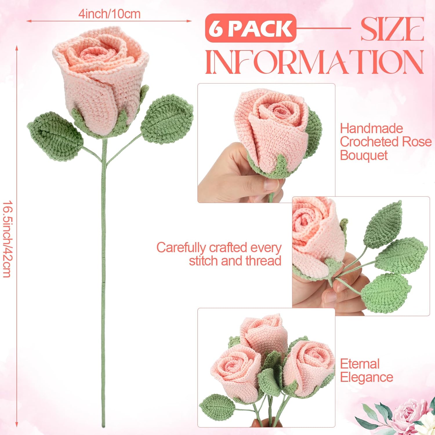 Thiccywoov 6 Pack Crochet Roses Bouquet, Artificial Knitted Flowers Handmade Crochet Flower Bouquet Mother's Day Flower Gift for Women, Wife, Grandma, Birthday, Anniversary Birthday Romantic Decor