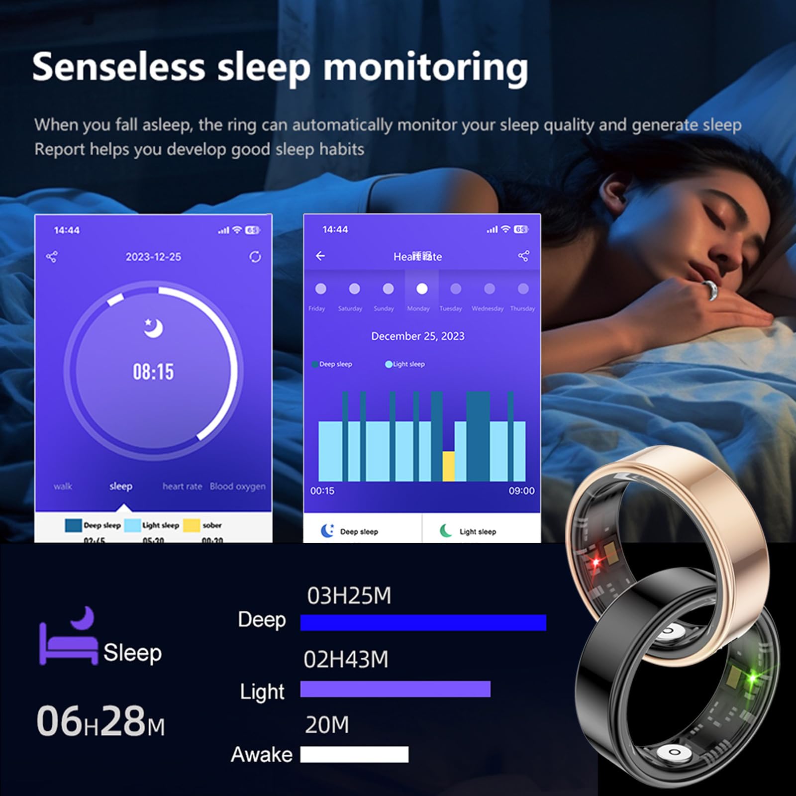 findtime Bague intelligente pour traqueur de fitness - Podomètre - Étanche - 5 ATM - Pour homme et femme - Anneau de sommeil - Moniteur de fréquence cardiaque - Android iOS - Anneaux de sport - Suivi