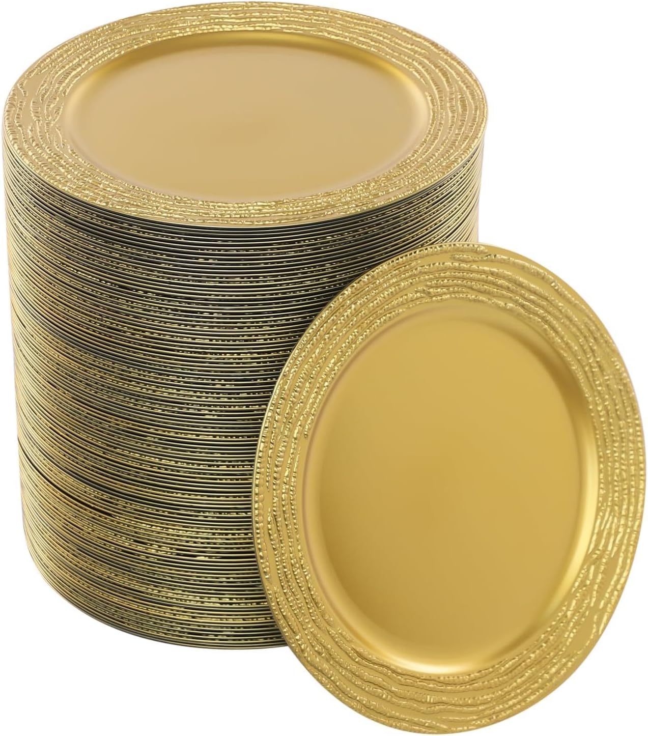 100 Pcs Antique Charger Plates, 13 Inch Gold Plastic Dinner Plate with Embossed, Decorative Round Floral Plates for Wedding, Party, Celebration Table Settings - Reusable and Durable (gold-4)