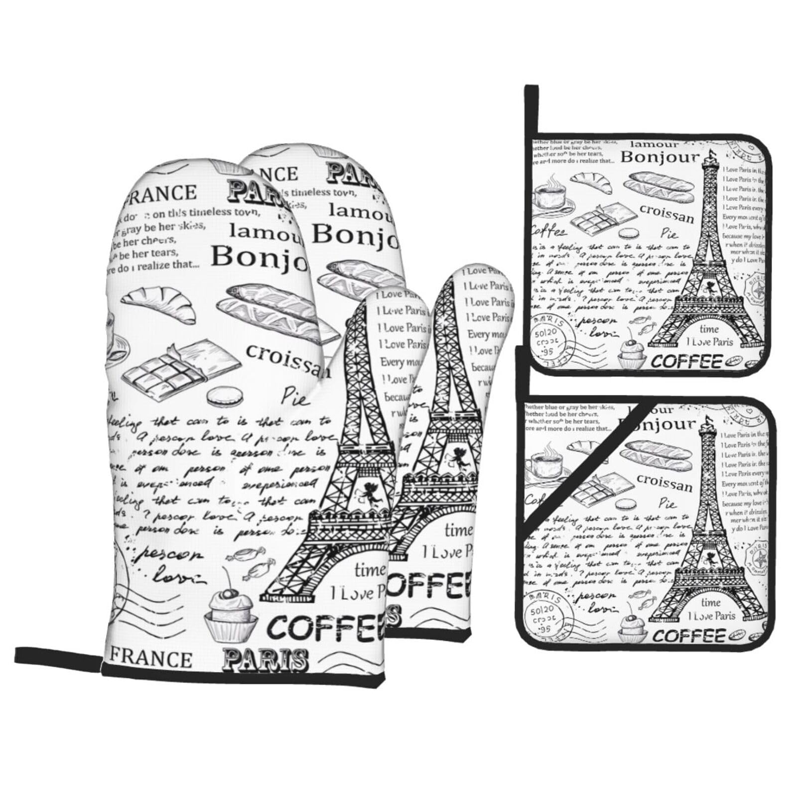 YYHHAOFA Parisian Coffee Eiffel Tower Prints Kitchen Baking Set with Heat Resistant Pot Holders & Oven Mitts - Waterproof Layers for Cooking, Grilling & Serving, Includes Pocket Layer