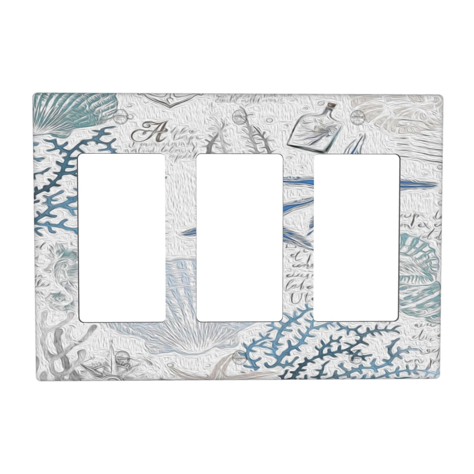 WMHUSU Decorative Outlet Covers Shells Blue Starfish Conchs Corals Sea Life 3 Gang Wall Plate Triple Rocker Switch Light Switch Plate Covers Jumbo