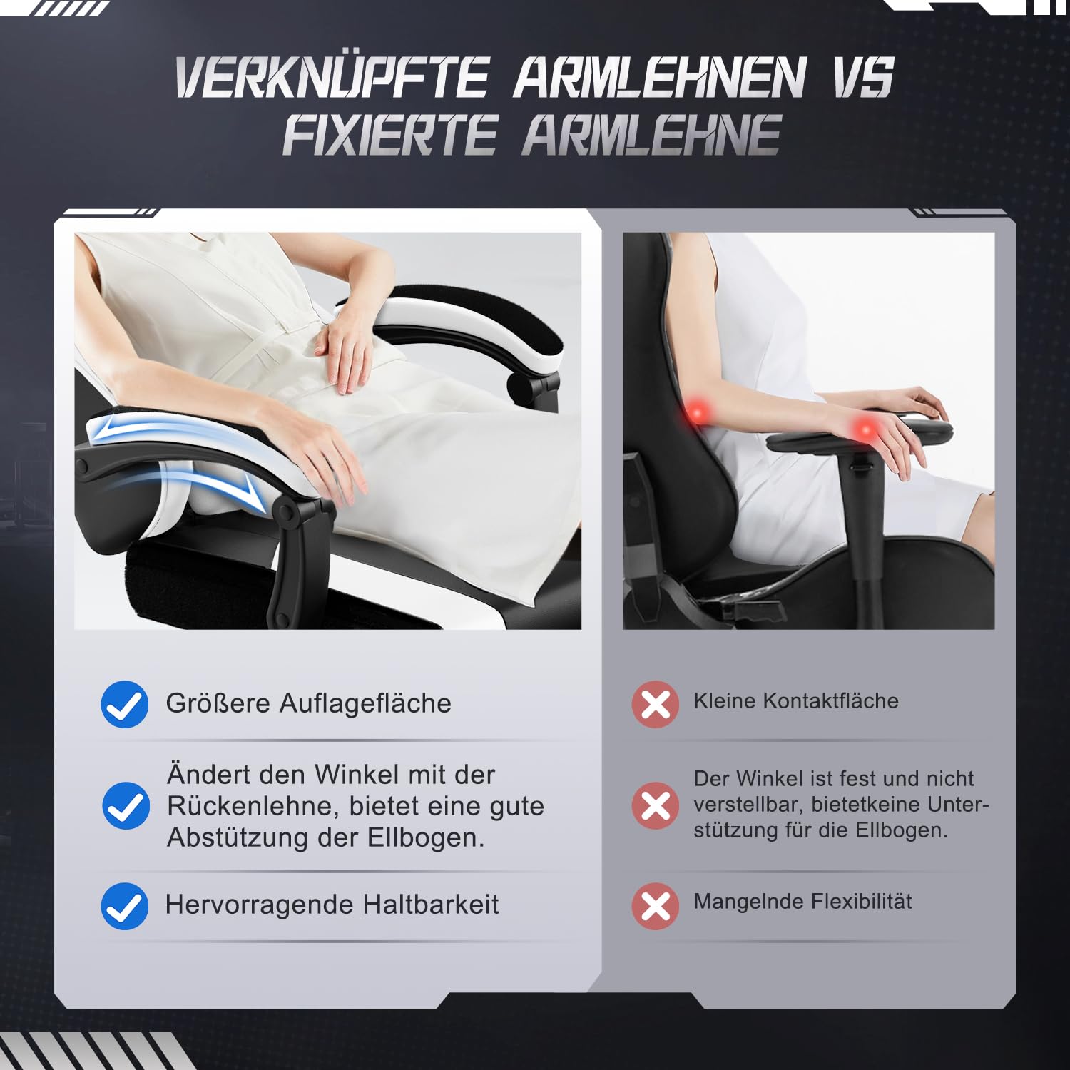 Gaming Stuhl, ergonomischer Gaming Sessel mit Fußstütze, Gamer Stuhl mit Lendenkissen & Kopfstütze, Gaming Chair mit neigbarer Rückenlehne, Bürostuhl & Gamingstuhl,150 kg, Weiß