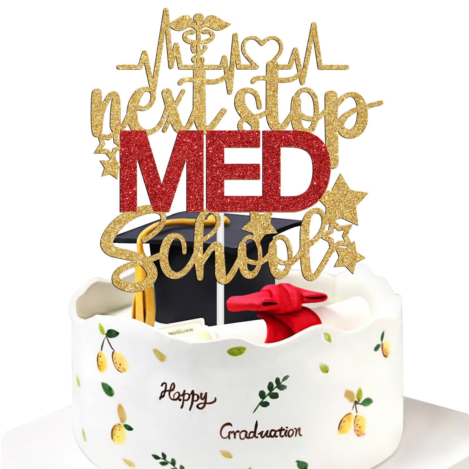 Next Stop MED School Cake Topper, Congrats Grad/So Proud of You Cake Decor, Future Doctor, Class of 2026 Senior High School Graduation Party Decorations Supplies, Gold Glitter