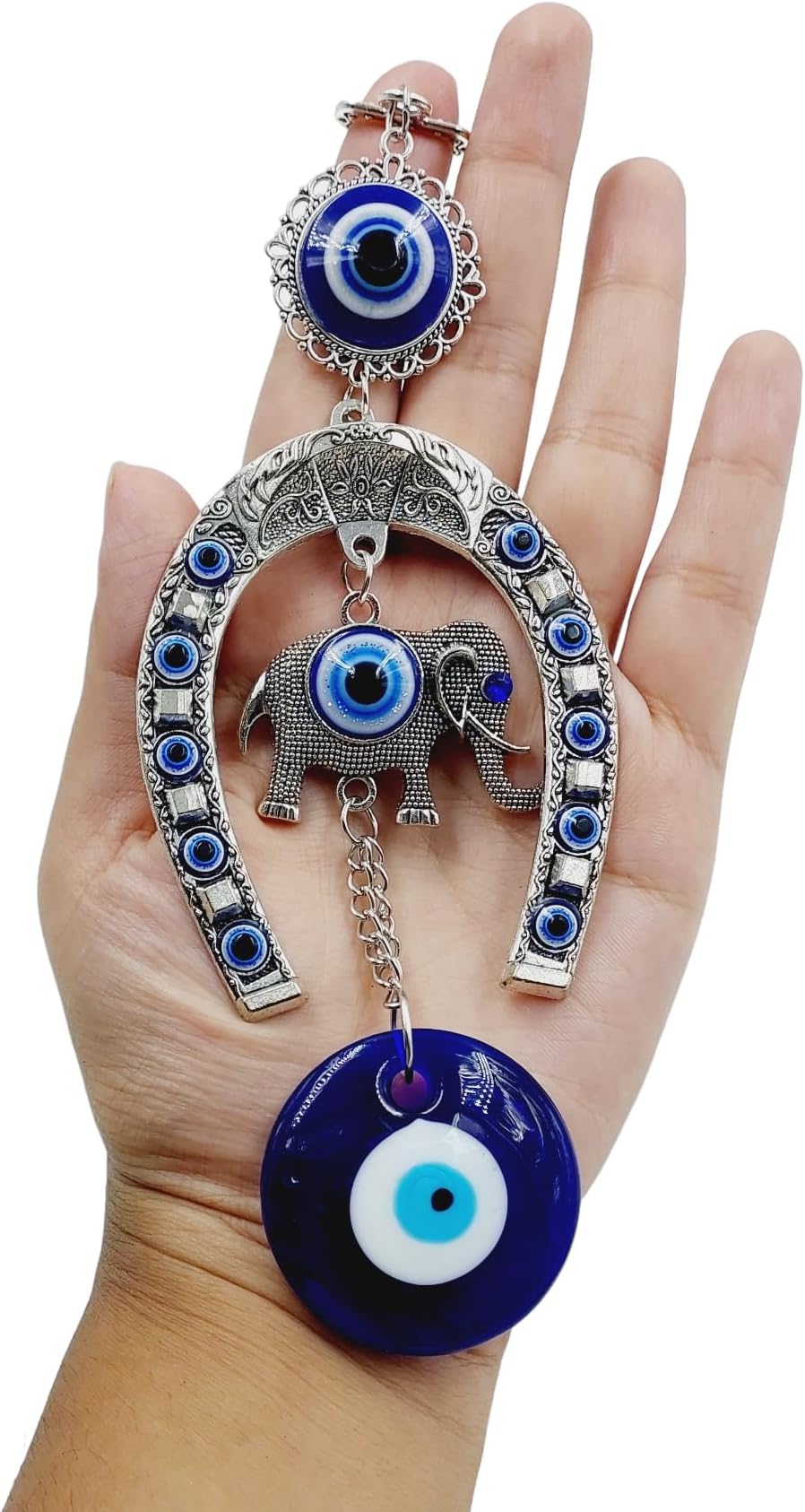 Evil Eye Hanging for Home Entrance, Car Mirror, House Door Decoration, Horseshoe with Elephant Figurine Nazar Battu for Home Protection, Good Luck Charm (Horseshoe with Elephant)