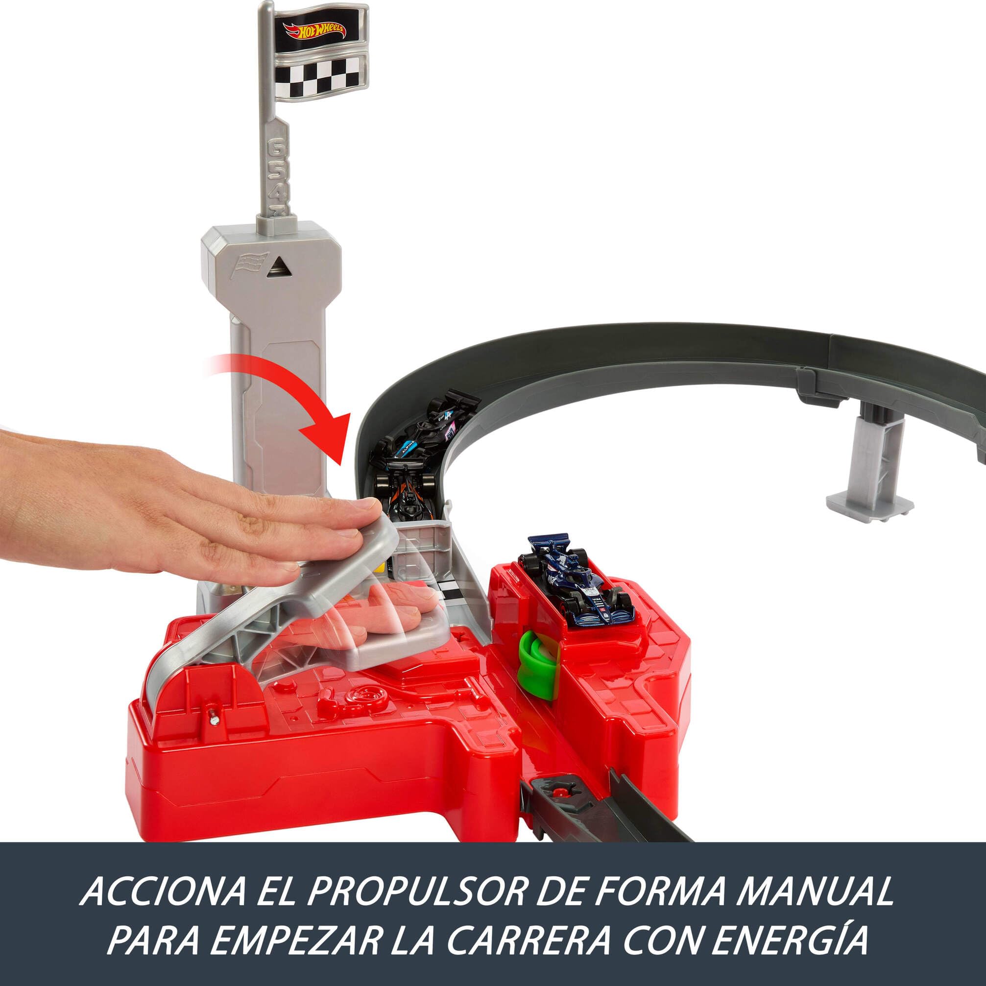 Hot Wheels Conjunto de pista coches de juguete, 3 vehículos metálicos de Formula 1 a escala 1:64: McLaren F1 Team, Alpine y VCARB, Circuito de carreras a gran velocidad uno contra uno, JDY15