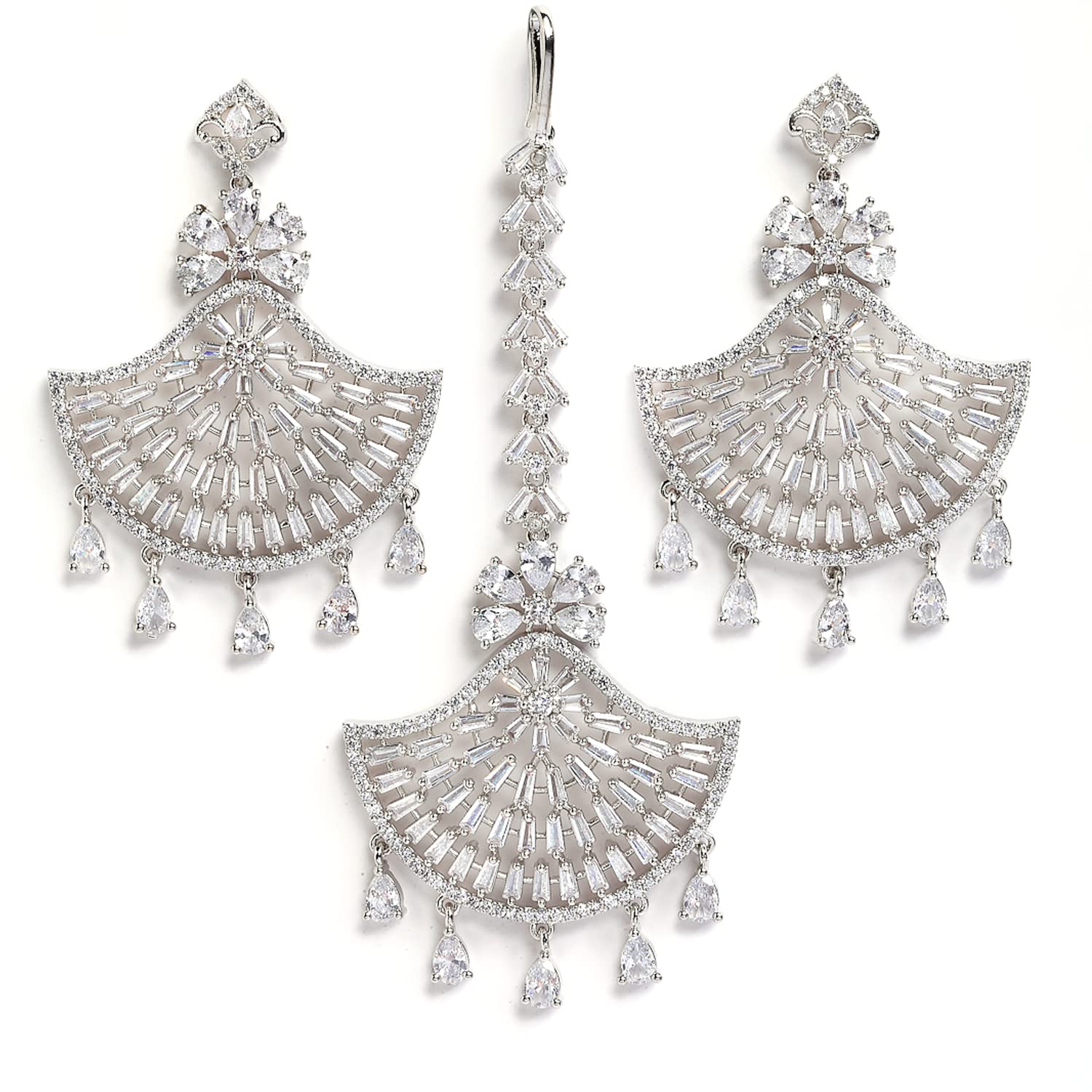 ZENEME Stylish Shiny Round Design Rodhium-Plated Maang Tikka Earring Set Jewellery For Women and Girls (Design 4) (B09WDS86LF) Amazon Price History, Amazon Price Tracker