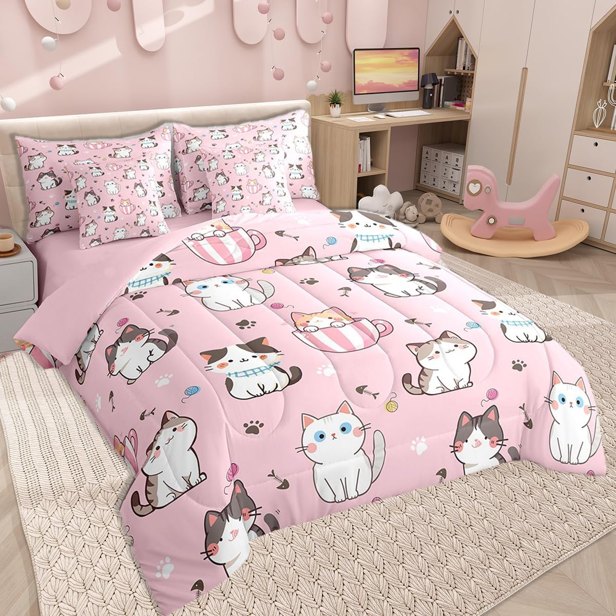 Feelyou Toddler Cat Full Comforter Set with Sheets for Kids Boys Girls Cats Print Bed in a Bag Kawaii Cartoon 7 Pieces Bedding Set Room Decor Cute Kitten Bed Set Pink Animal Themed