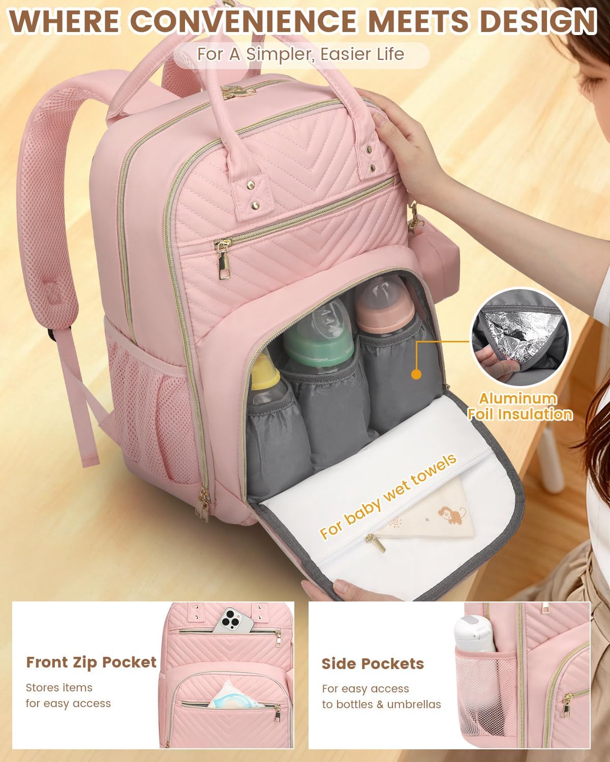 Diaper Bag Backpack,Baby Essentials Diapers Bag with Pacifier Case,Multipurpose Stylish Large Capacity Travel Backpack for Baby Girl/Boy(L-Pink)