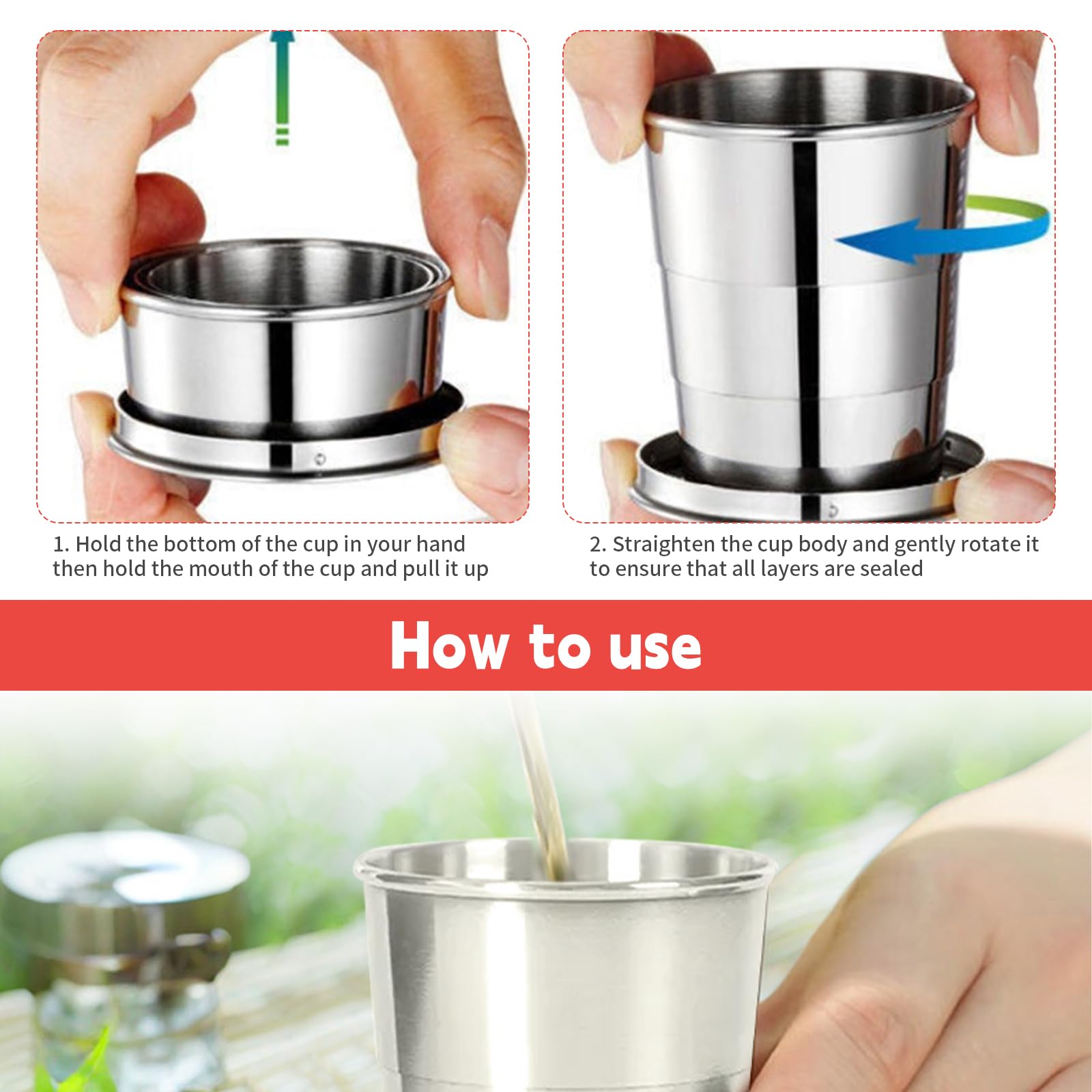 Roestvrij Staal Reizen Vouwbeker, Telescopische Mok Metalen Beker Stapelbare Drinkbeker Outdoor Reizen Opvouwbare Mok Camping Wandelfles 2 Stuks S